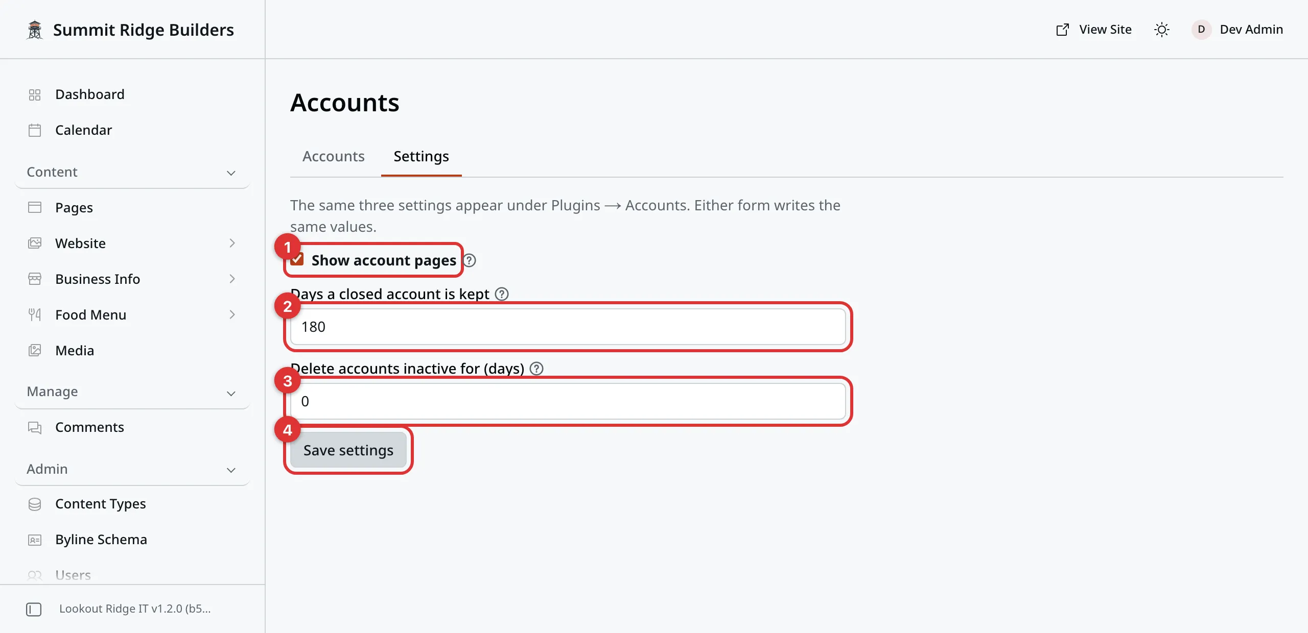 The Settings tab of Accounts. Four numbered marks: 1 on Show account pages, 2 on Days a closed account is kept, 3 on Delete accounts inactive for (days), 4 on the Save settings button.