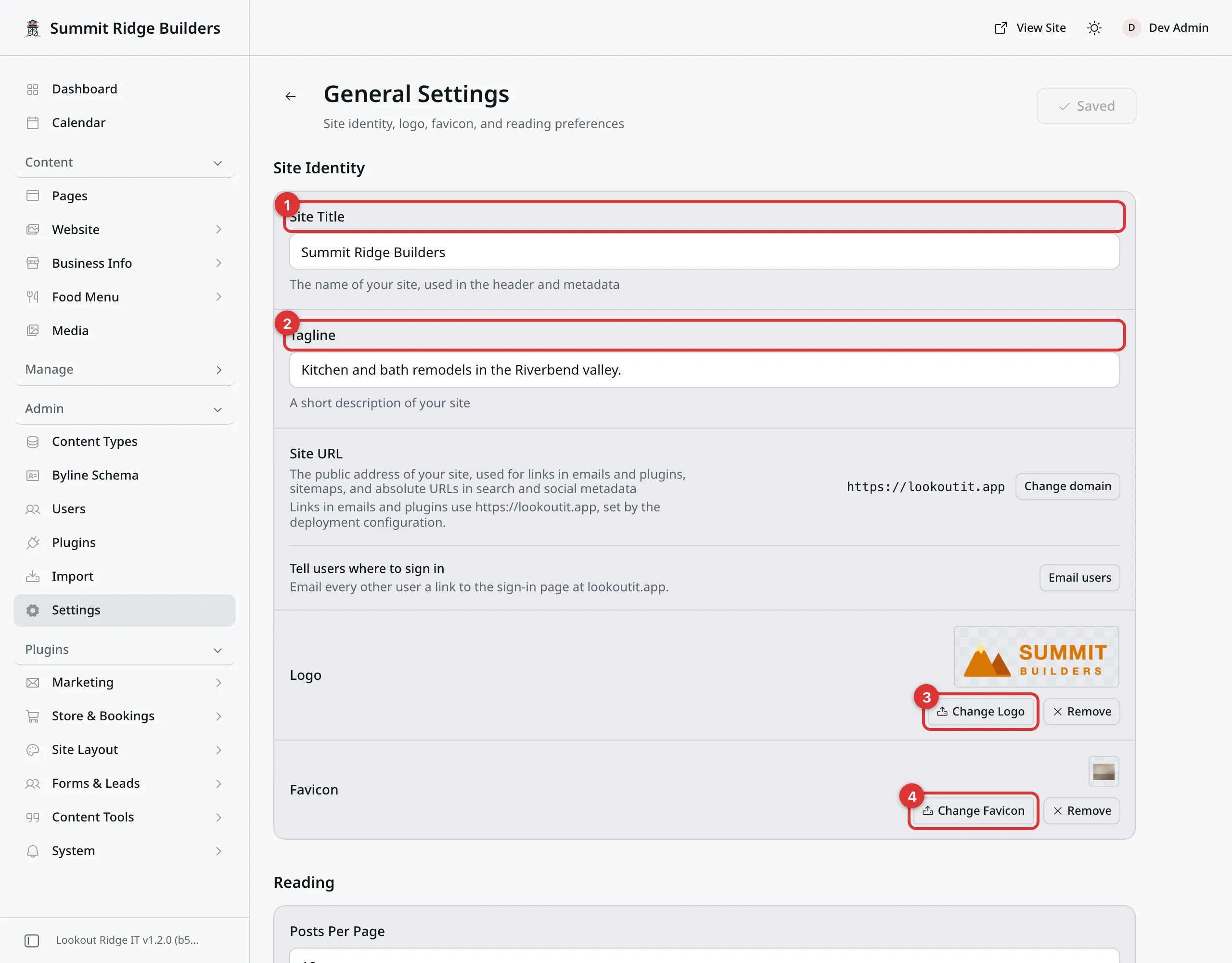 The General Settings screen with four numbered marks: 1 on Site Title, 2 on Tagline, 3 on Change Logo, 4 on Change Favicon. Site URL, with its Change domain button, sits between them.