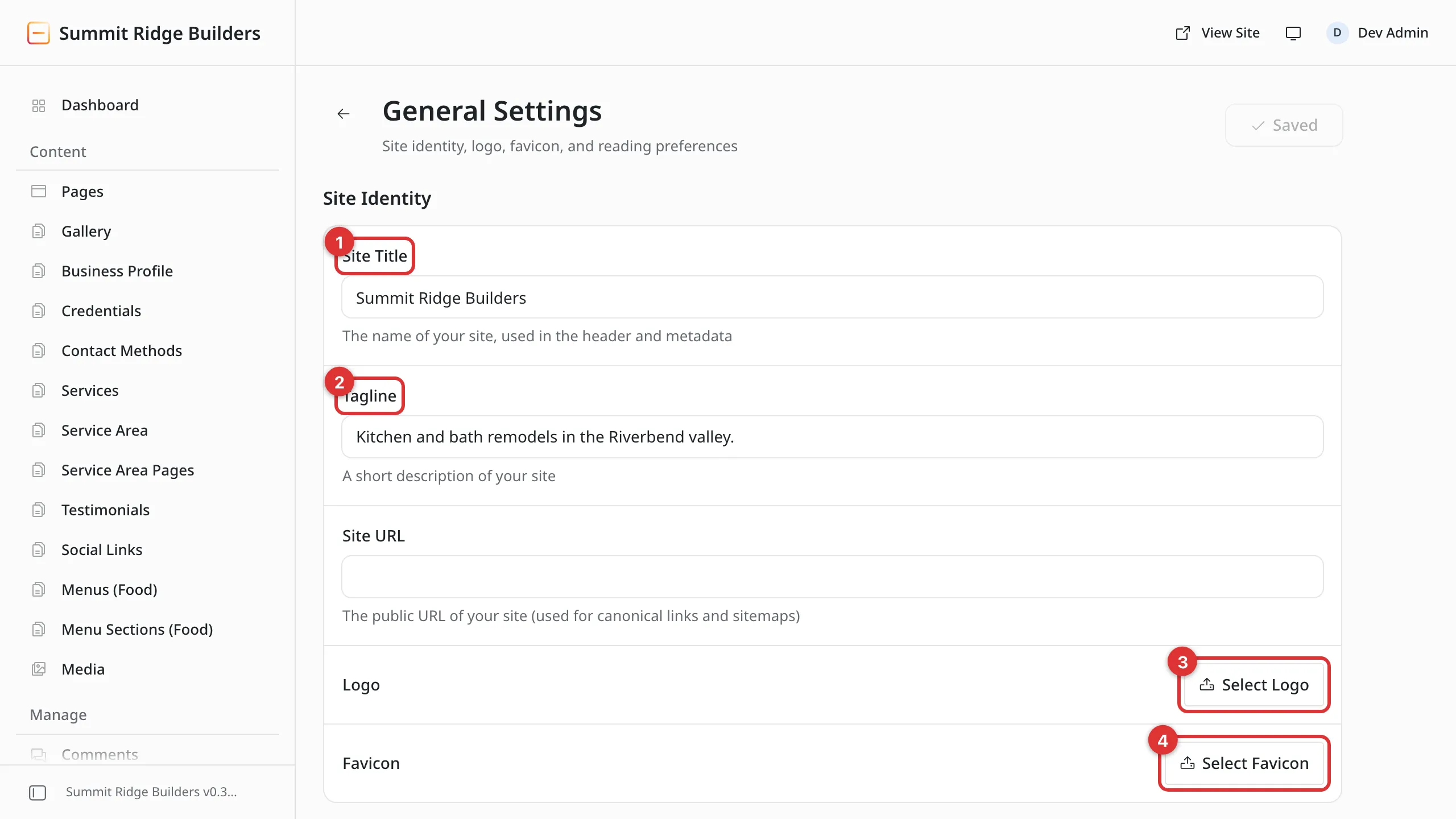 The General Settings screen with four numbered marks: 1 on Site Title, 2 on Tagline, 3 on Select Logo, 4 on Select Favicon. Site URL sits between them.
