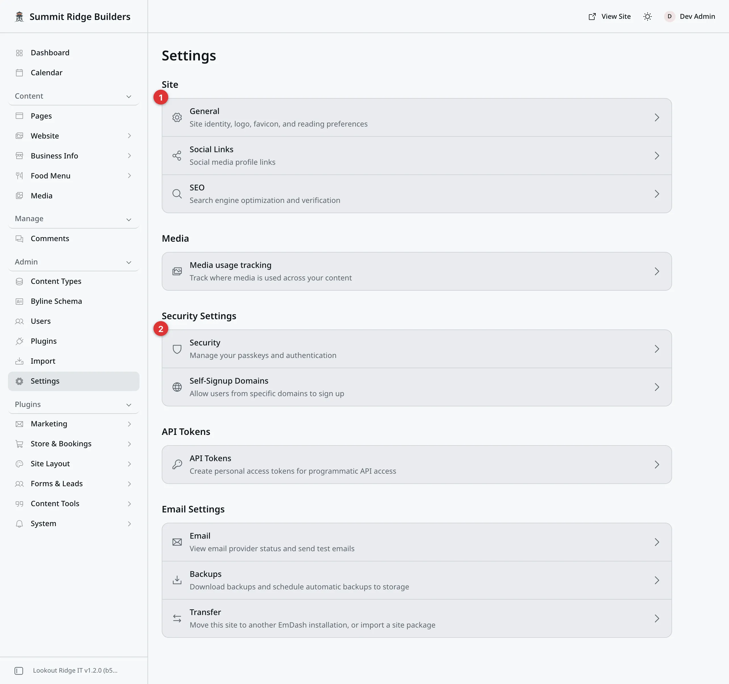 The Settings screen, a stack of rows grouped under Site, Media, Security Settings, API Tokens and Email Settings. Two numbered marks: 1 on General, 2 on Security.