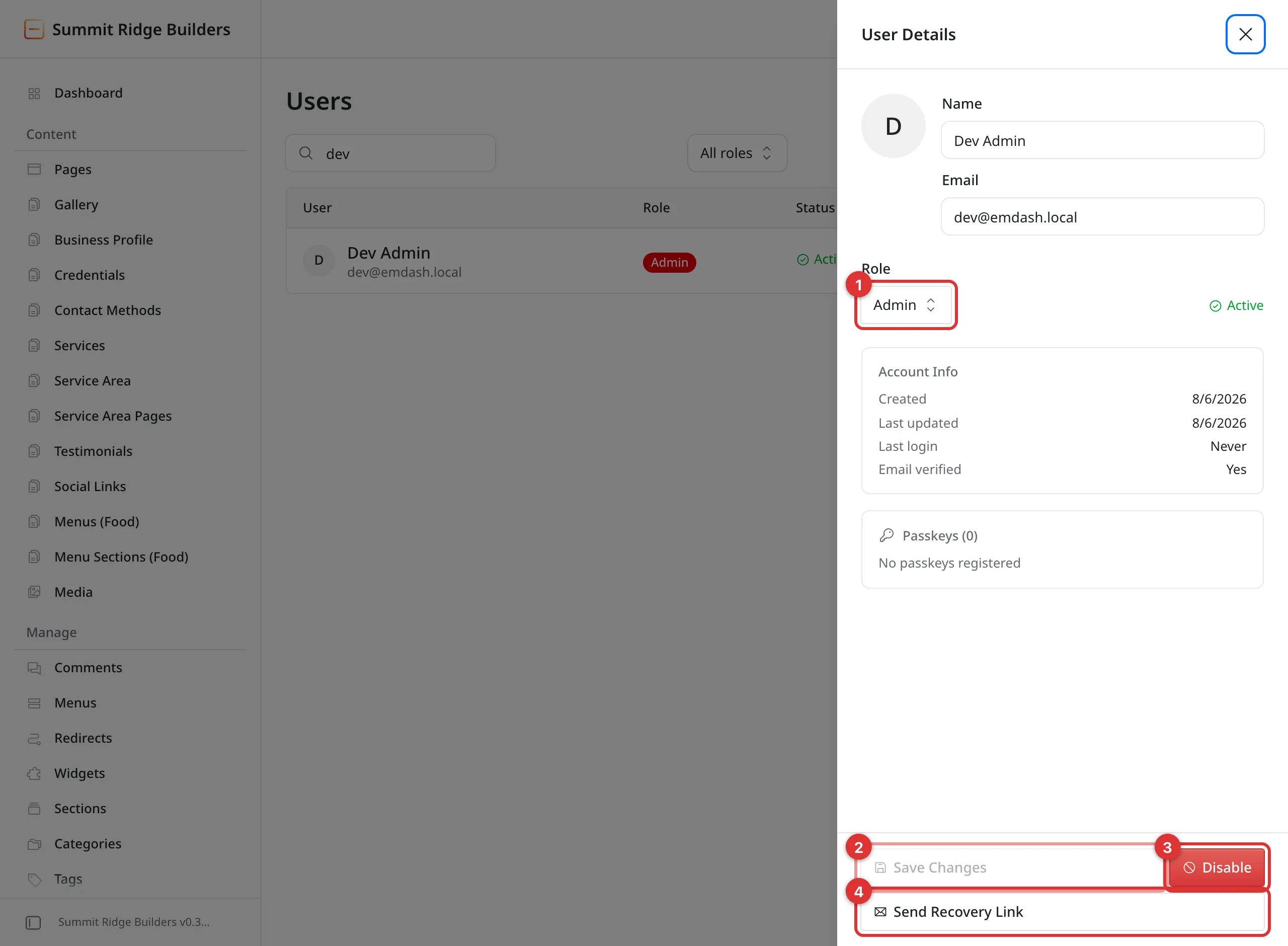 The User Details panel with four numbered marks: 1 on the Role box, 2 on Save Changes, 3 on Disable, and 4 on Send Recovery Link. Above them are Name, Email, and an Account Info block.