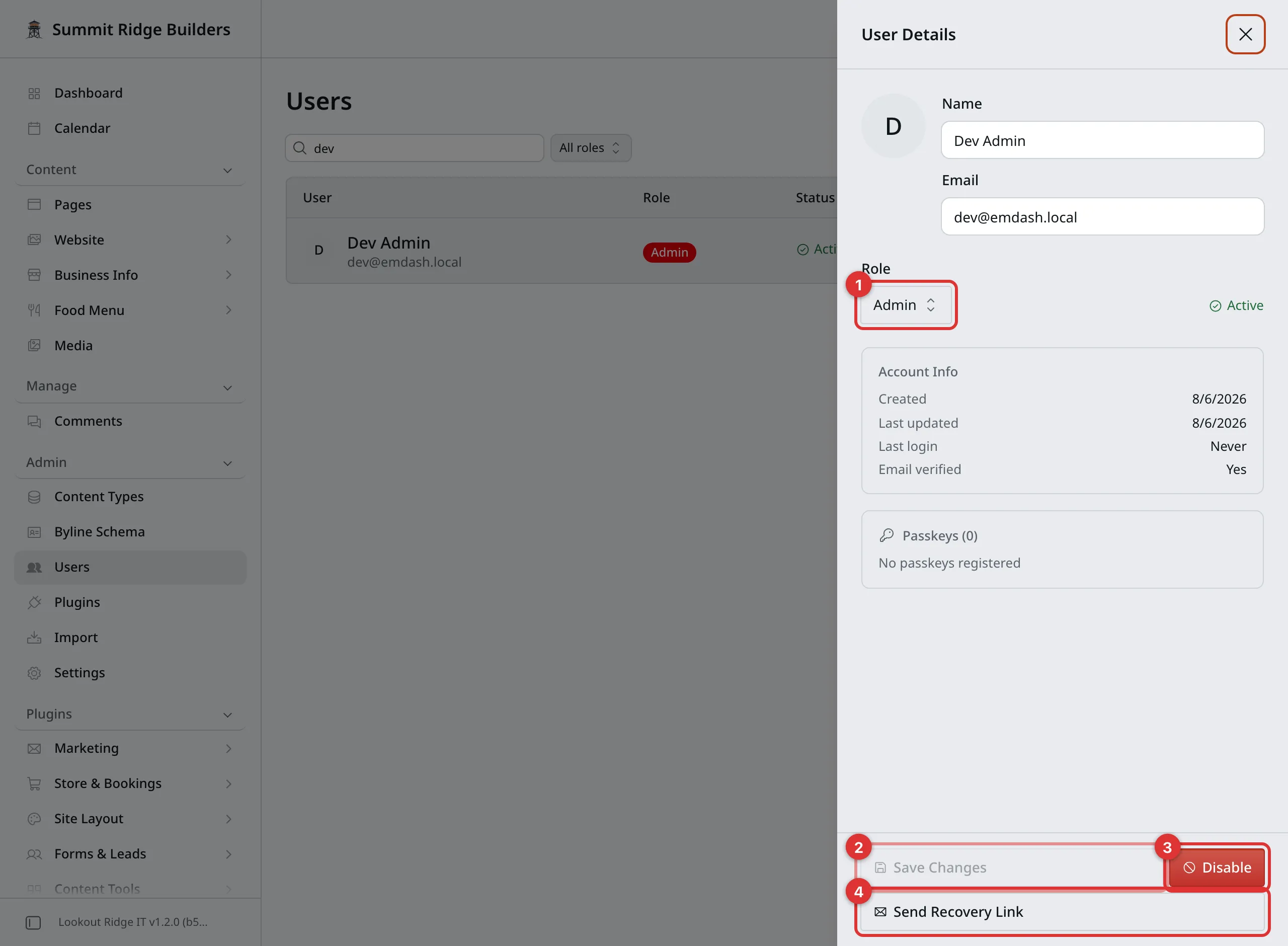 The User Details panel with four numbered marks: 1 on the Role box, 2 on Save Changes, 3 on Disable, and 4 on Send Recovery Link. Above them are Name, Email, and an Account Info block.