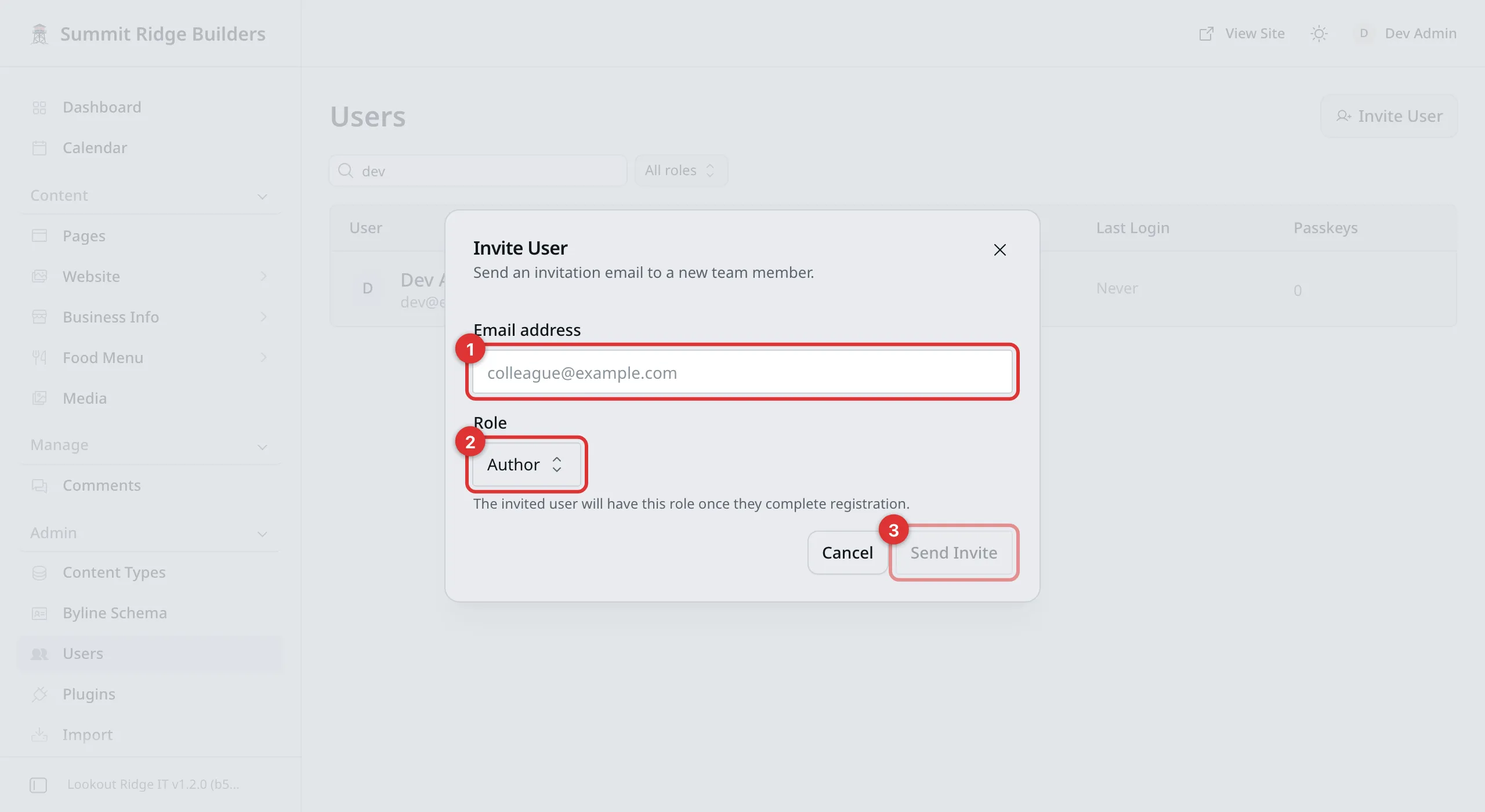 The Invite User box, with three numbered marks: 1 on the Email address field, 2 on the Role box reading Author, and 3 on the Send Invite button.