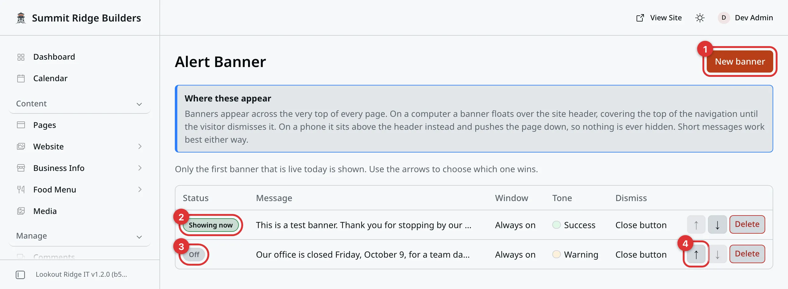 The Alert Banner list with two banners. Four numbered marks: 1 on the New banner button, 2 on a Showing now status, 3 on an Off status, 4 on the up arrow of the second row.
