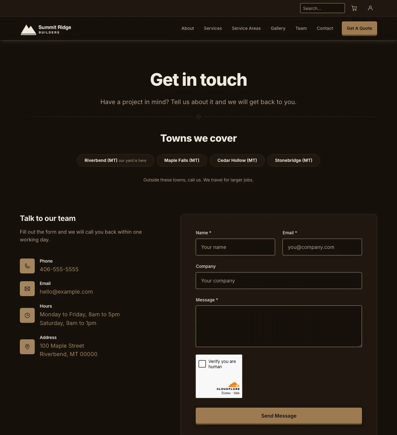 The sample Contact page in the Autumn Sage palette, dark mode: the header, the Get in touch heading, the town buttons, and the form.
