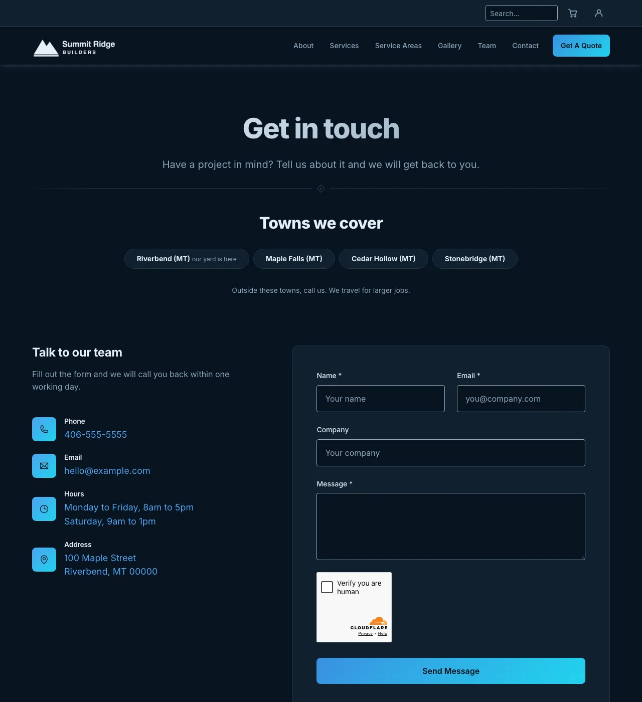 The sample Contact page in the Blue palette, dark mode: the header, the Get in touch heading, the town buttons, and the form.