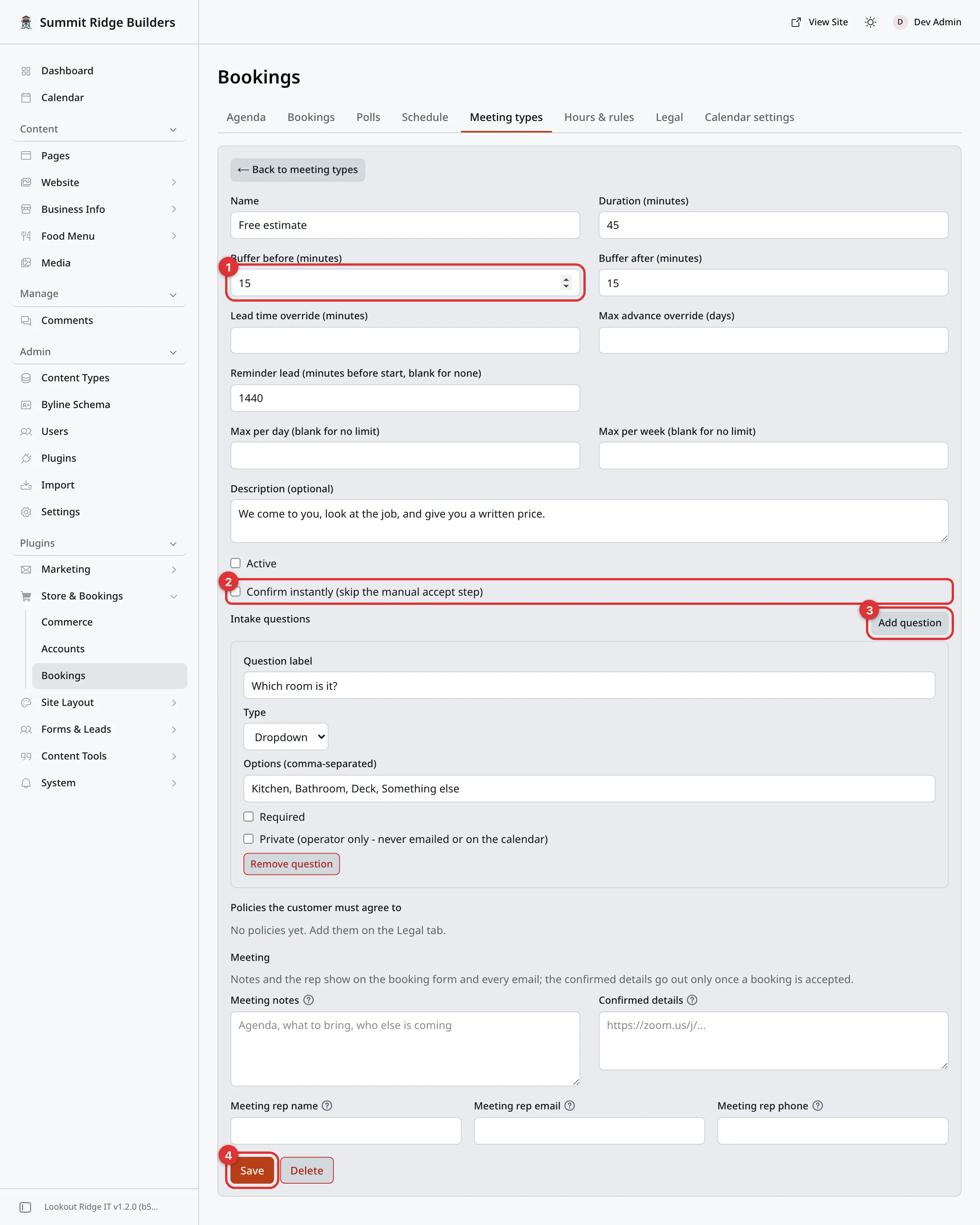 A meeting type called Free estimate, open on the Meeting types tab, with Active not checked. Four numbered marks: 1 on the Buffer before box, 2 on the Confirm instantly checkbox, 3 on the Add question button, 4 on the Save button at the bottom.