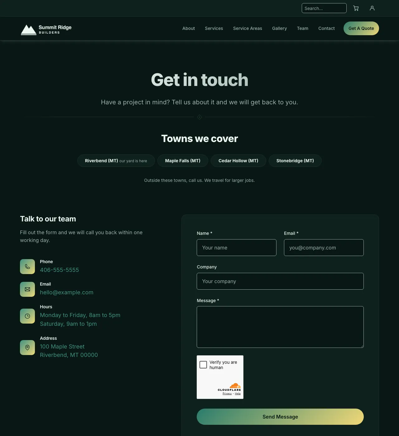 The sample Contact page in the Butter Lagoon palette, dark mode: the header, the Get in touch heading, the town buttons, and the form.