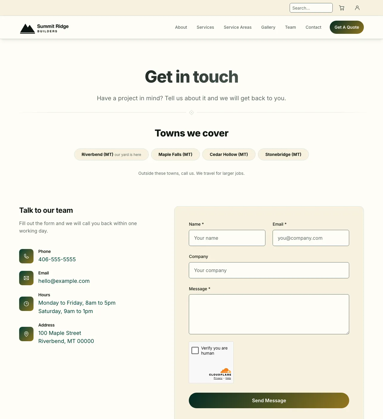 The sample Contact page in the Butter Lagoon palette, light mode: the header, the Get in touch heading, the town buttons, and the form.