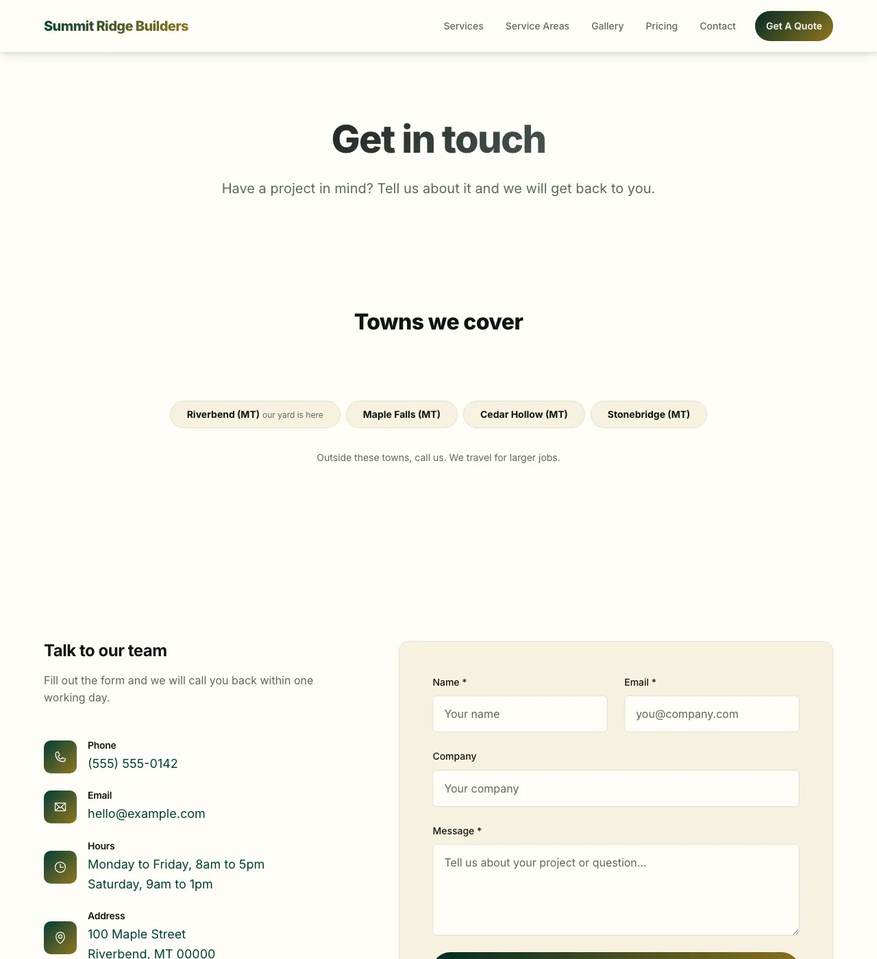 The sample Contact page in the Butter Lagoon palette, light mode: the header, the Get in touch heading, the town buttons, and the form.