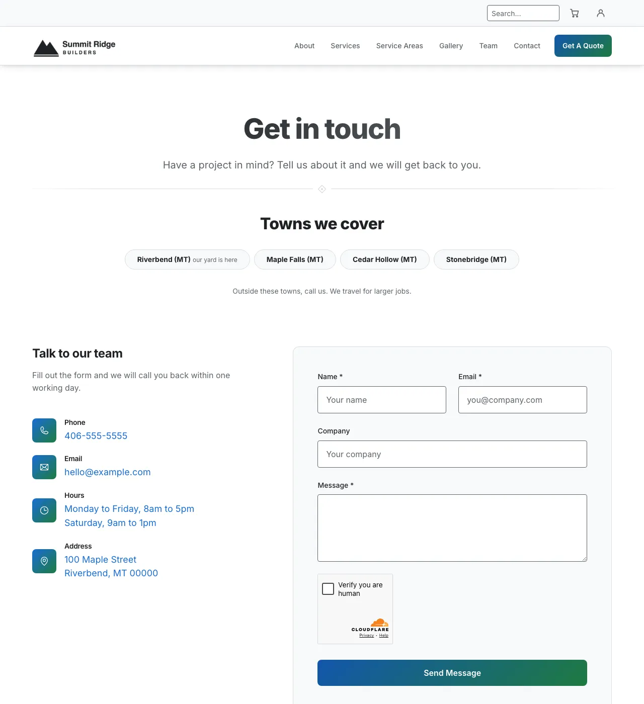 The sample Contact page in the Cedar Brook palette, light mode: the header, the Get in touch heading, the town buttons, and the form.