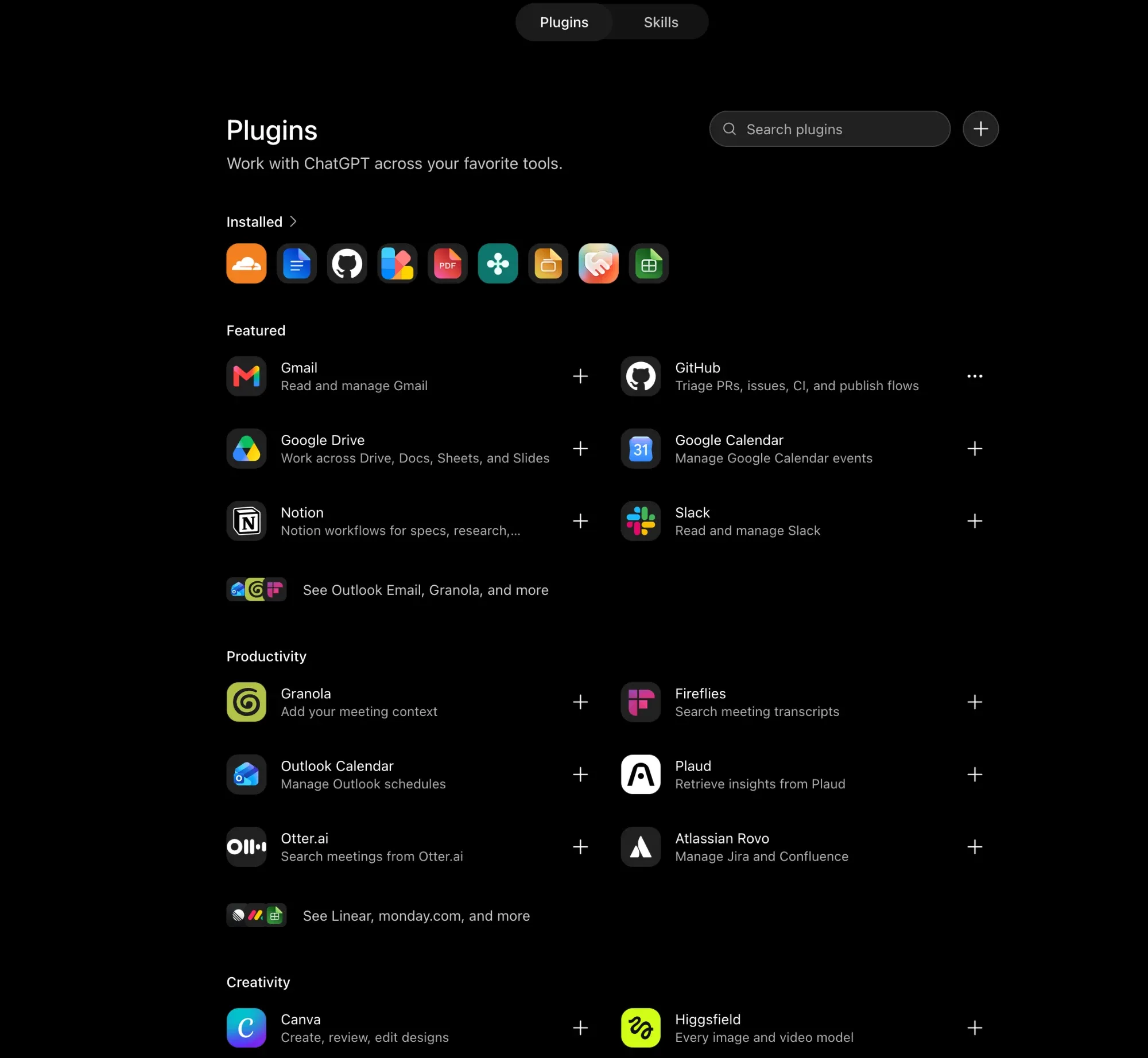 The ChatGPT Plugins page. A row of installed plugin icons, a search box, and a plus button in the top right corner.