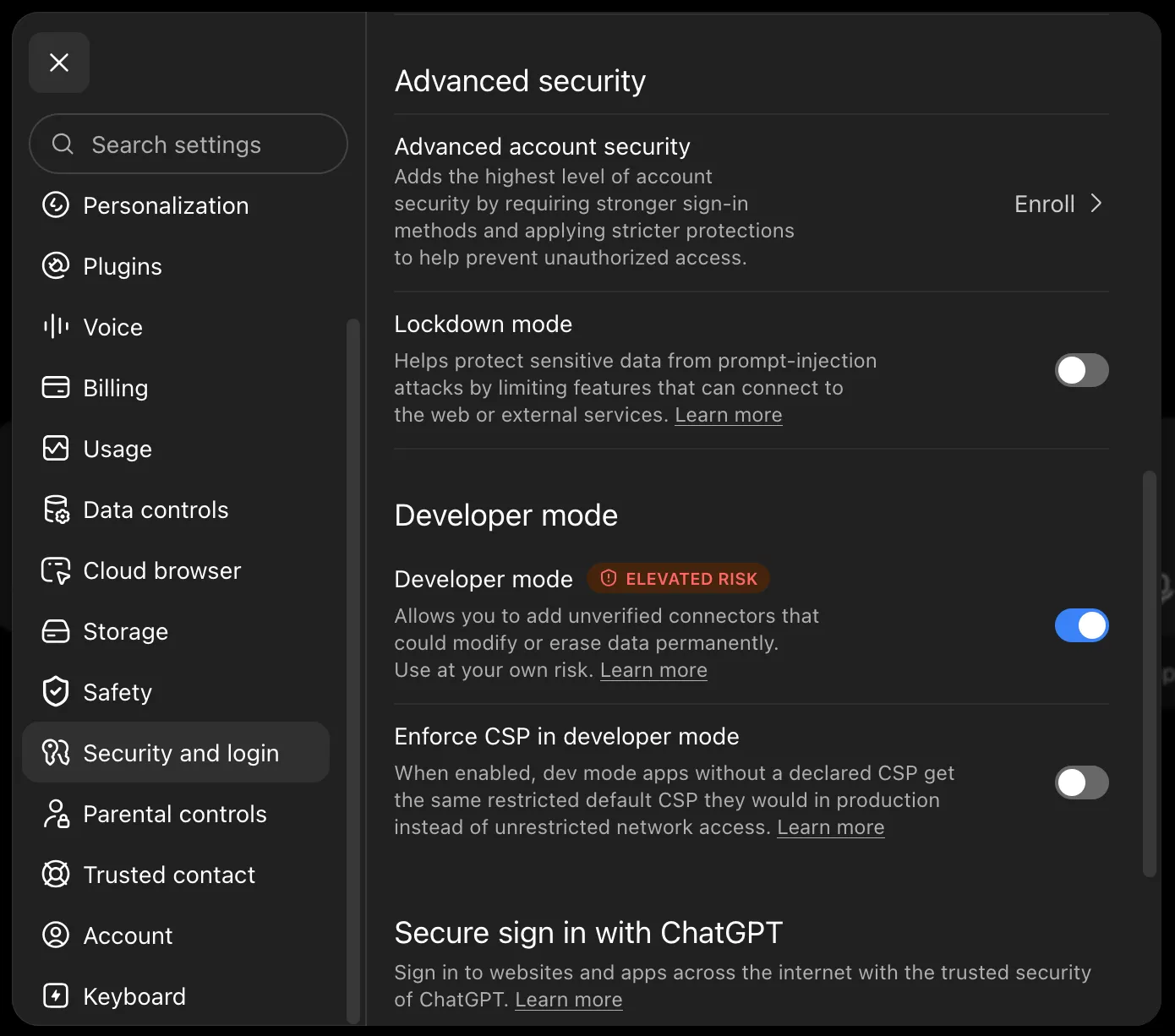 The Security and login settings screen. Near the bottom, a Developer mode switch is turned on. A red badge beside the name reads Elevated risk.