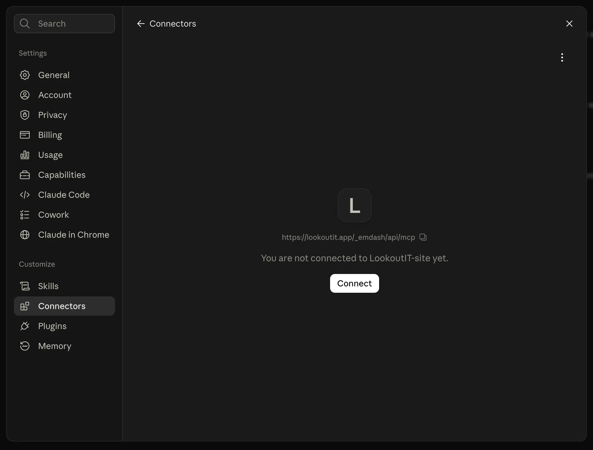 A connector page showing the website address, the words You are not connected yet, and a Connect button.
