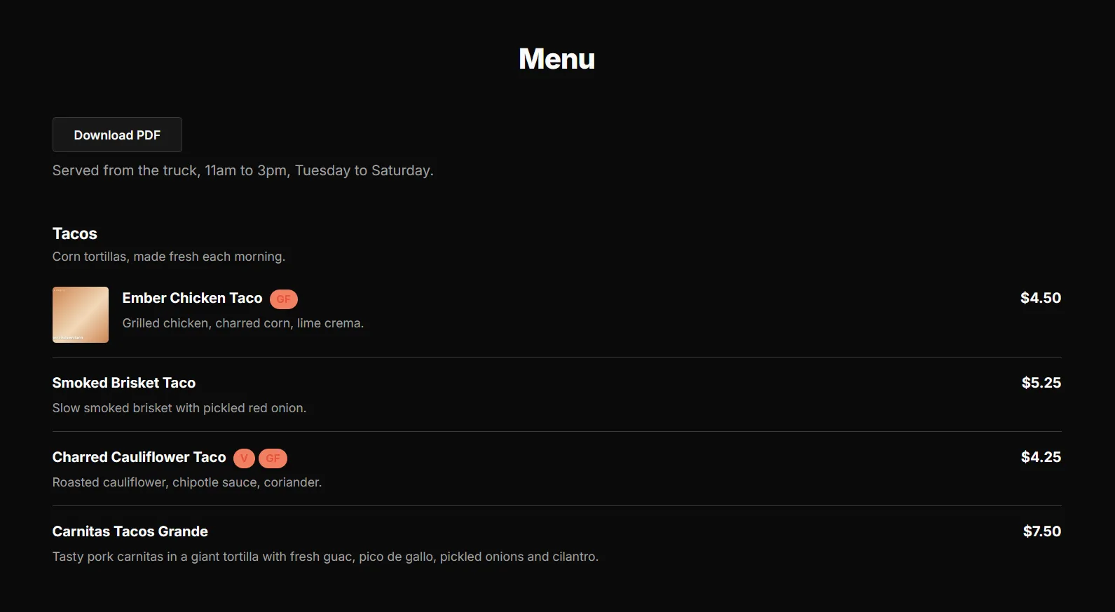 The live menu page of a food truck website. The Tacos section lists four items. The last one is Carnitas Tacos Grande at seven fifty, with the new description.
