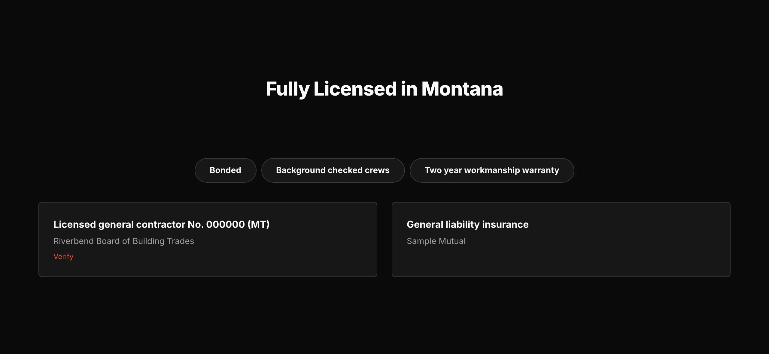 A Credentials section on the live home page: a heading, three rounded badges, and two cards holding a license number and an insurer.