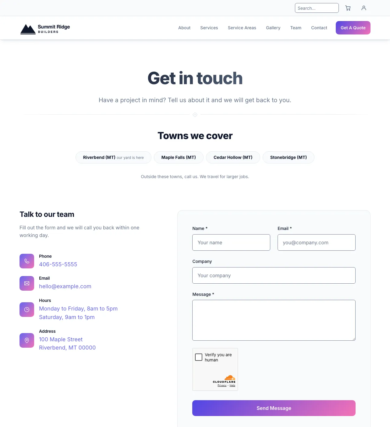 The sample Contact page in the Default palette, light mode: the header, the Get in touch heading, the town buttons, and the form.