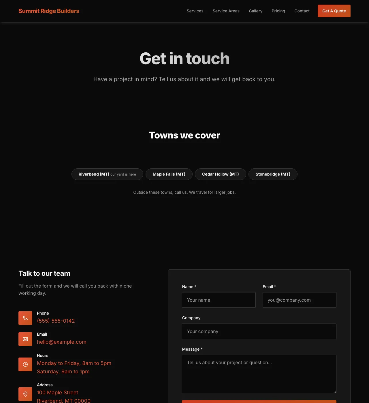 The sample Contact page in the Ember Trail palette, dark mode: the header, the Get in touch heading, the town buttons, and the form.
