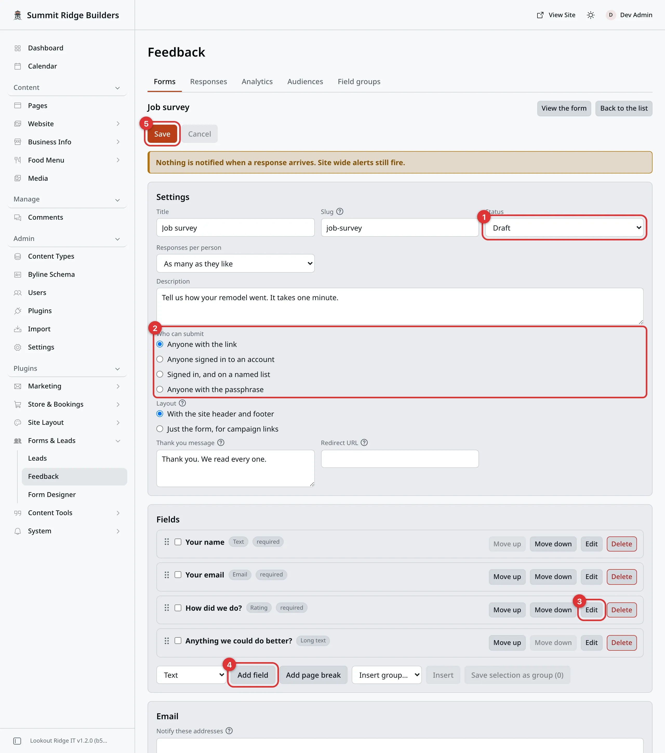 A form called Job survey, open in the editor. Five numbered marks: 1 on the Status box, 2 on the Who can submit choices, 3 on the Edit button of one field, 4 on the Add field button, 5 on the Save button at the top.