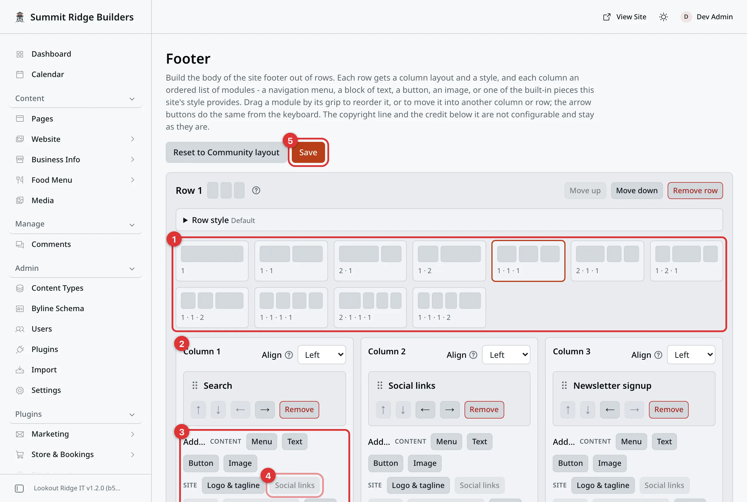 The Footer screen with Row 1 open. Five numbered marks: 1 on the row of column layout drawings, 2 on the Column 1 card, 3 on the Add line at the bottom of that column, 4 on a grayed-out Social links button, 5 on the Save button near the top, beside the Reset button.