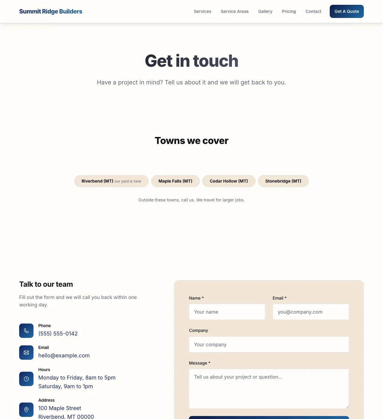The sample Contact page in the Harbor Dawn palette, light mode: the header, the Get in touch heading, the town buttons, and the form.