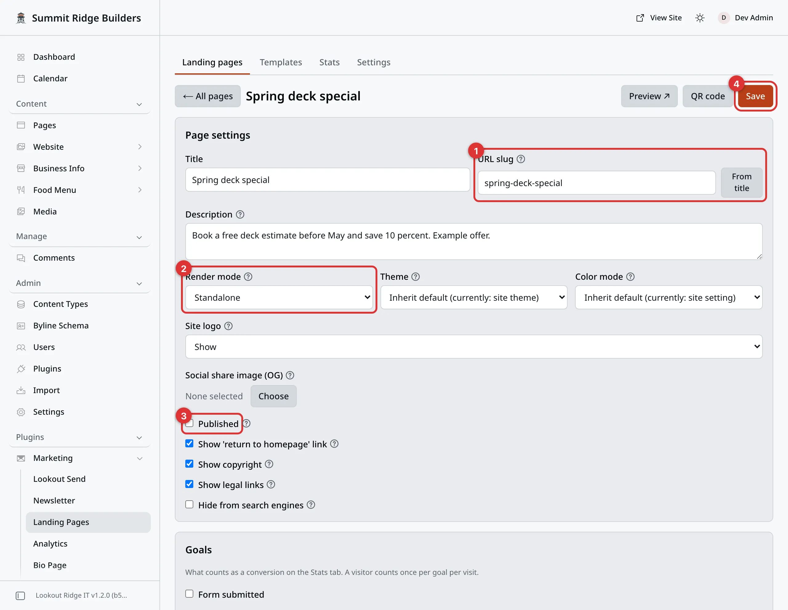 The Page settings card of a landing page called Spring deck special. Four numbered marks: 1 on the URL slug box, 2 on the Render mode box, 3 on the Published checkbox, which is cleared, 4 on the Save button at the top right, next to Preview and QR code.