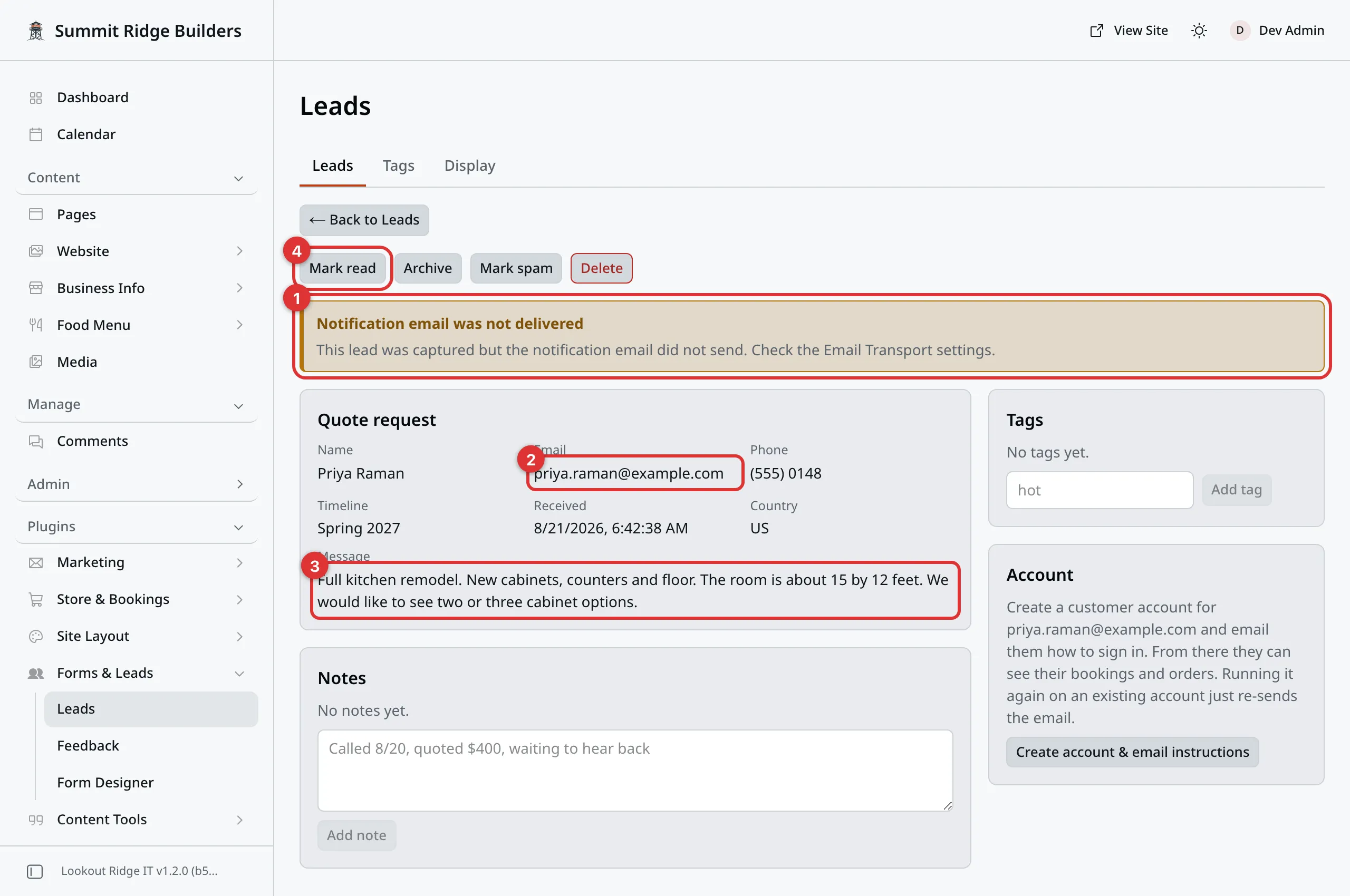 One lead open, with four numbered marks: 1 on a yellow warning strip, 2 on the email address, 3 on the message, 4 on the Mark read button in the row of buttons at the top. Tags, Notes and Account boxes sit beside and below the lead.