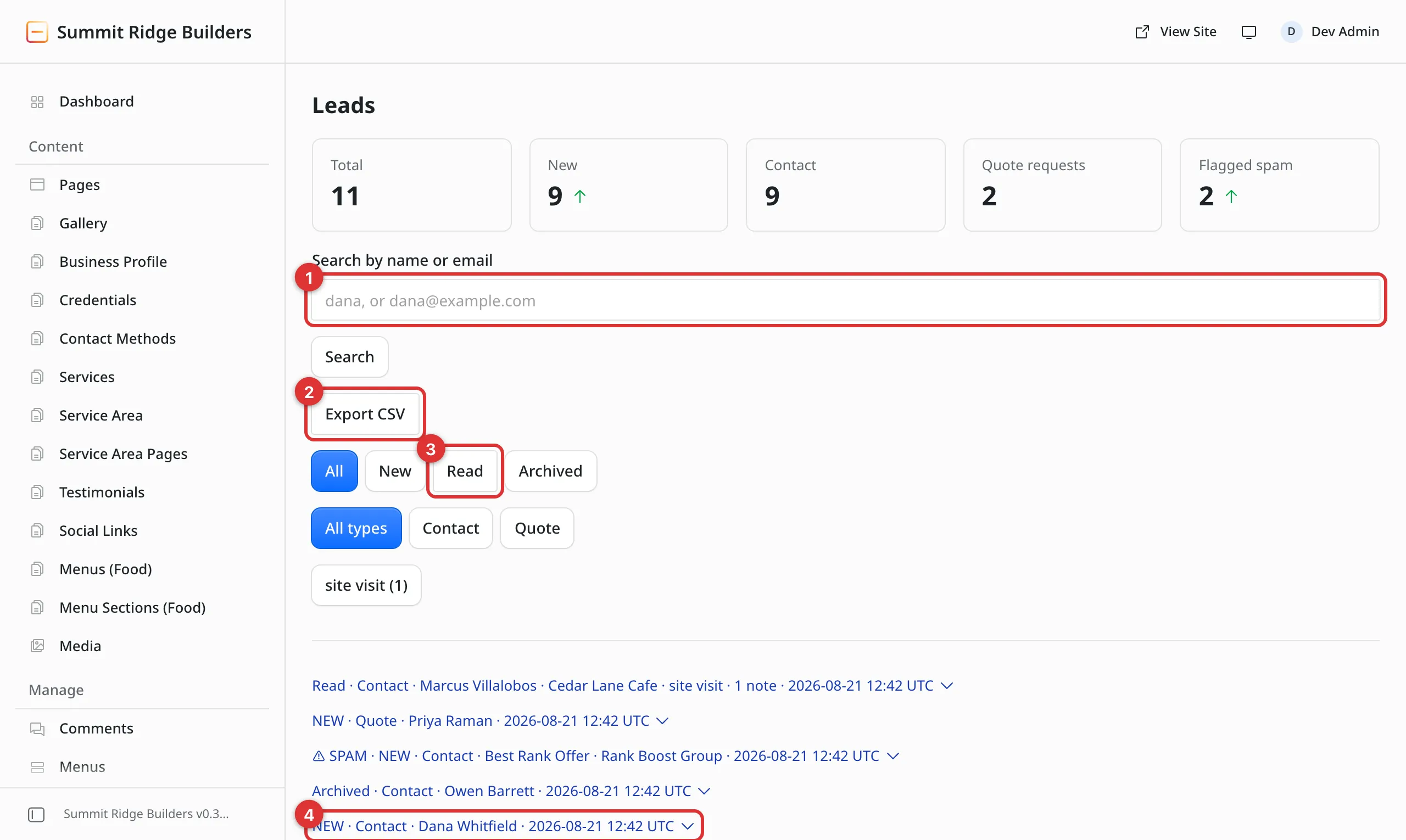 The Leads screen. Boxes across the top count the leads. Below them, four numbered marks: 1 on the search box, 2 on the Export CSV button, 3 on the row of status buttons, 4 on one lead in the list.