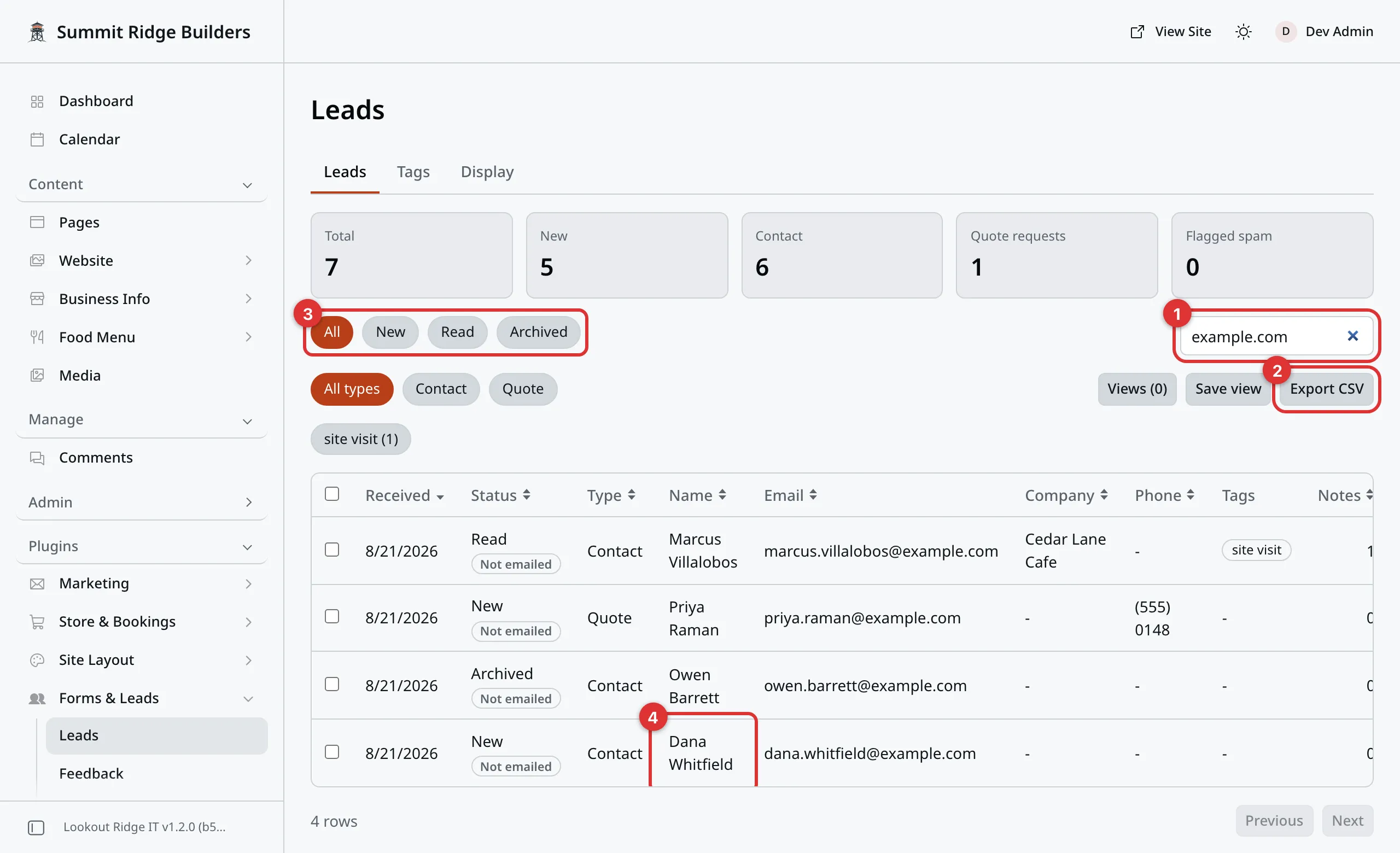 The Leads screen, searched for example.com. Boxes across the top count the leads. Four numbered marks: 1 on the search box, 2 on the Export CSV button, with Views and Save view beside it, 3 on the row of status buttons, 4 on a name in the table of leads.