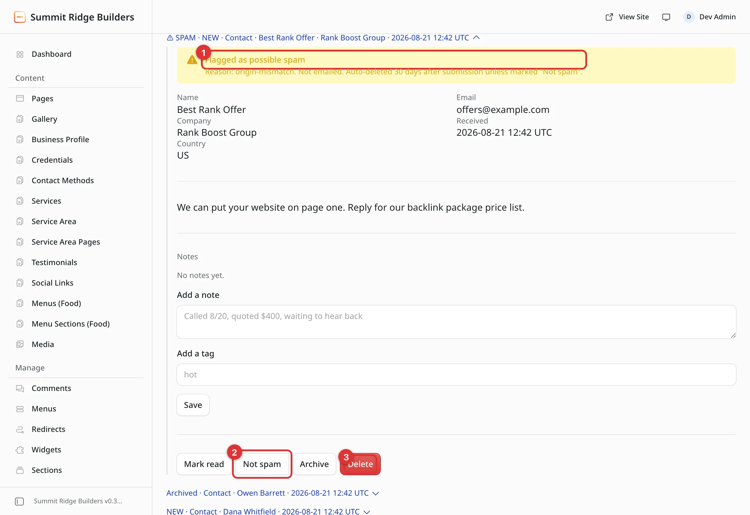 A lead flagged as spam. Three numbered marks: 1 on the yellow strip explaining the flag, 2 on the Not spam button, 3 on the red Delete button.