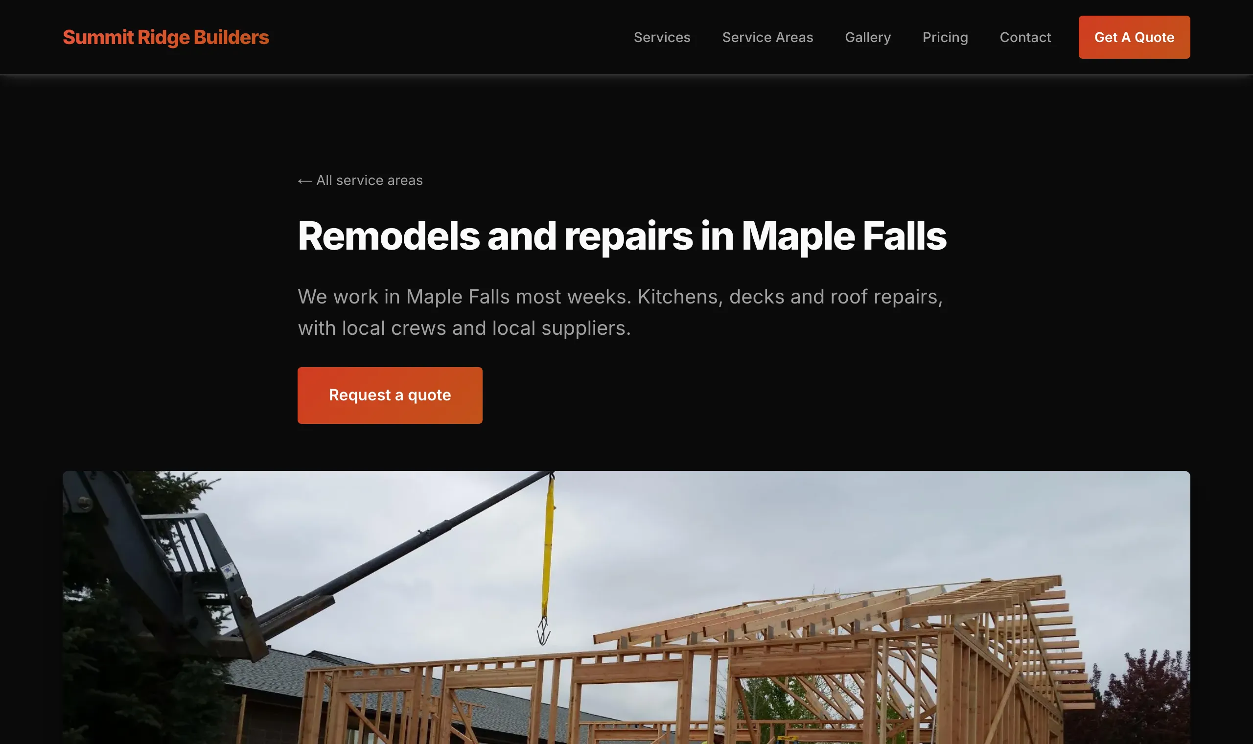 The live Maple Falls page, with its heading, its intro, a Request a quote button and a photo below.