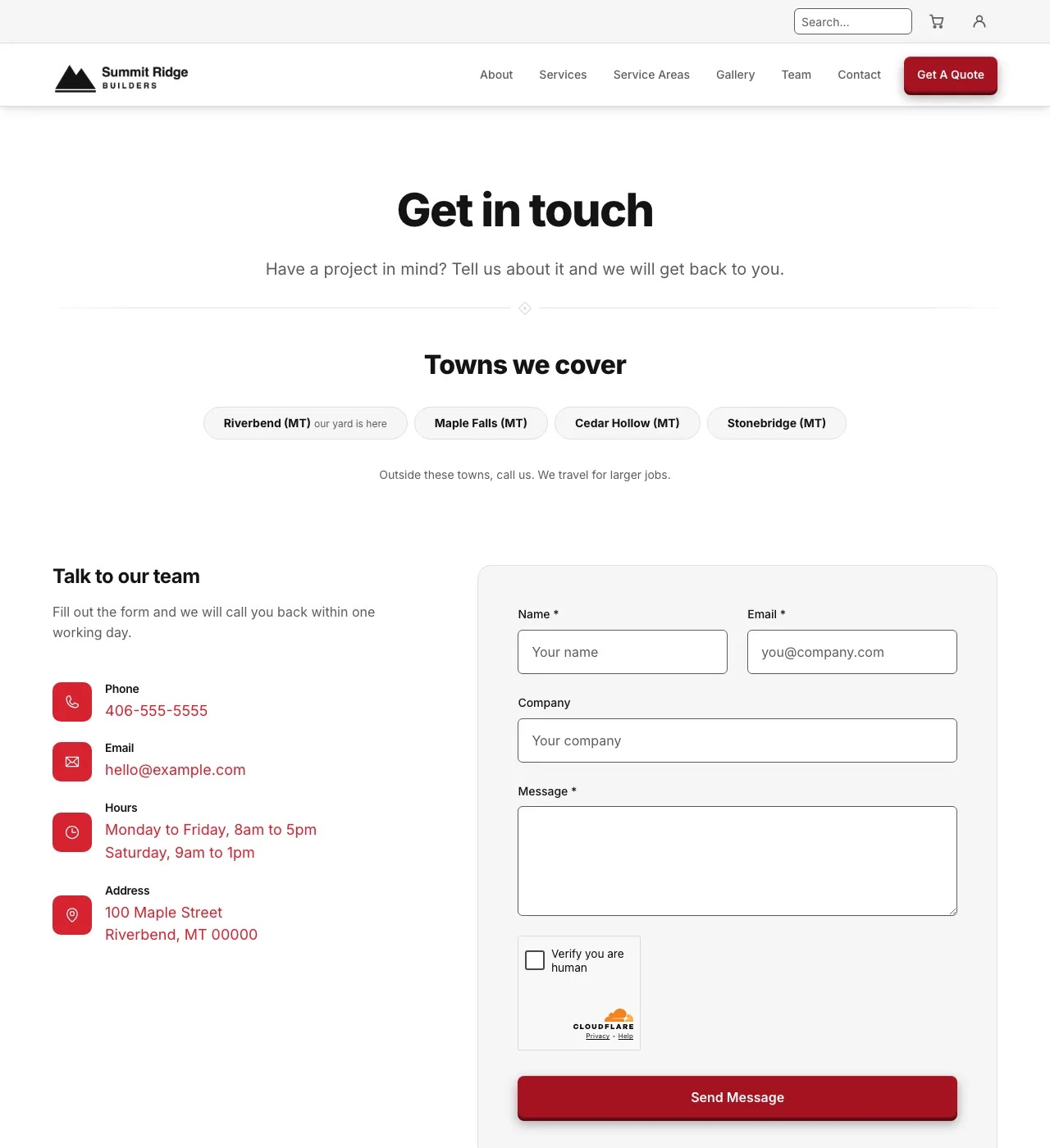 The sample Contact page in the Marquee Red palette, light mode: the header, the Get in touch heading, the town buttons, and the form.