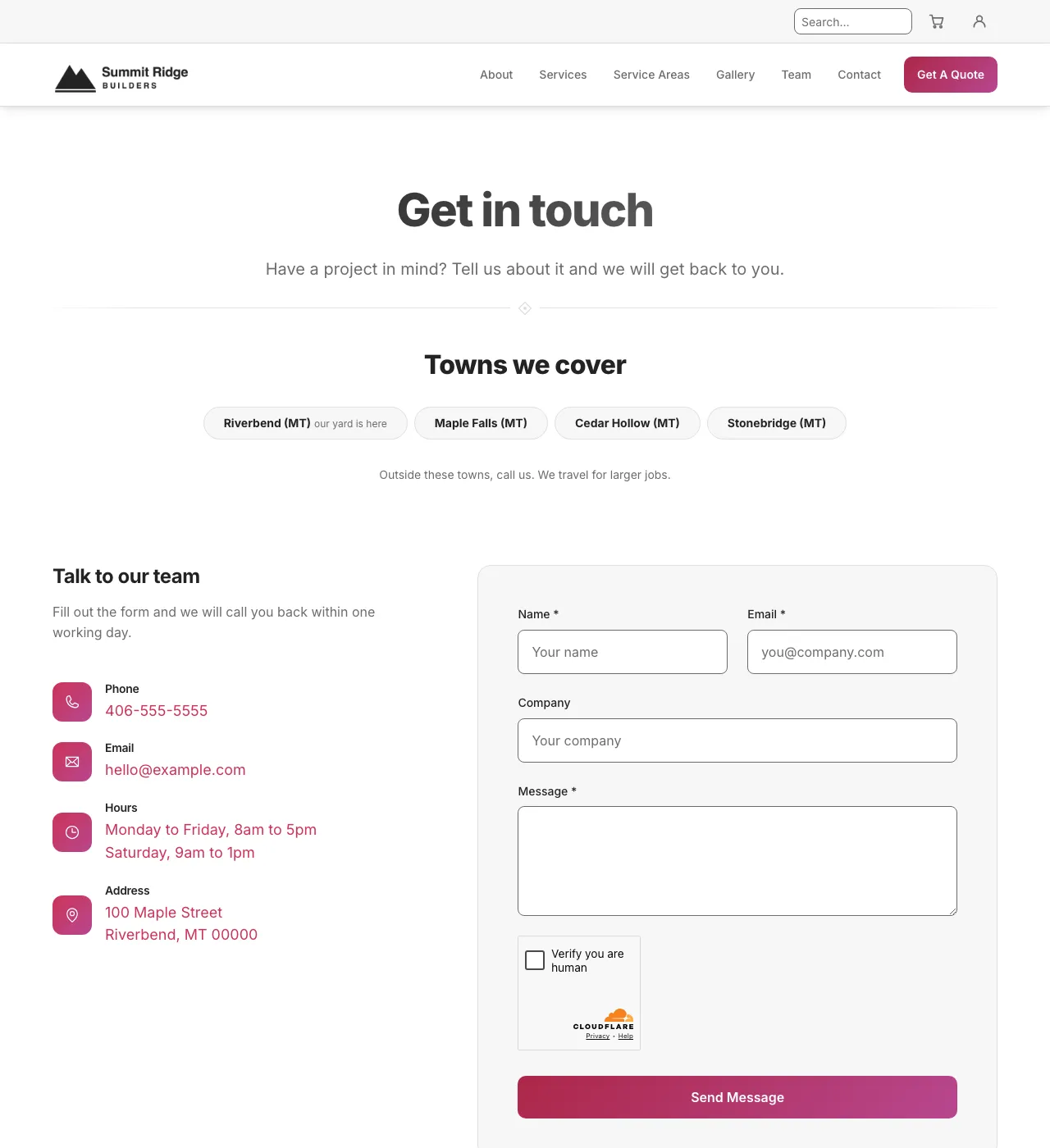 The sample Contact page in the Meadow Pass palette, light mode: the header, the Get in touch heading, the town buttons, and the form.