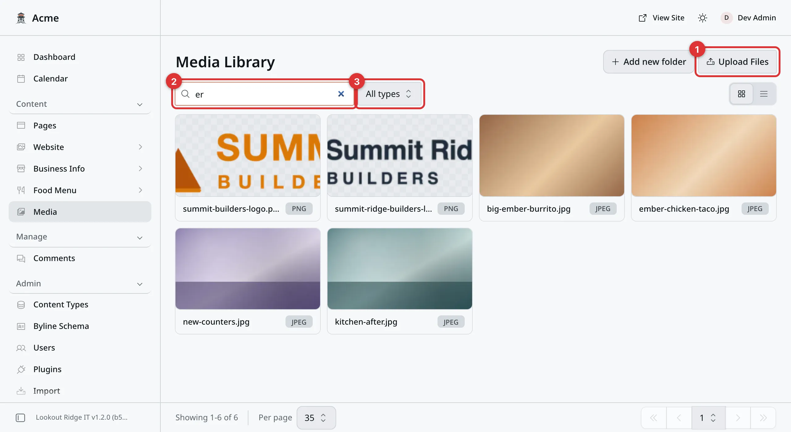 The Media Library with er typed in the search box, so only six matching files show. Three numbered marks: 1 on Upload Files, 2 on the search box, 3 on the All types menu. An Add new folder button sits beside Upload Files.