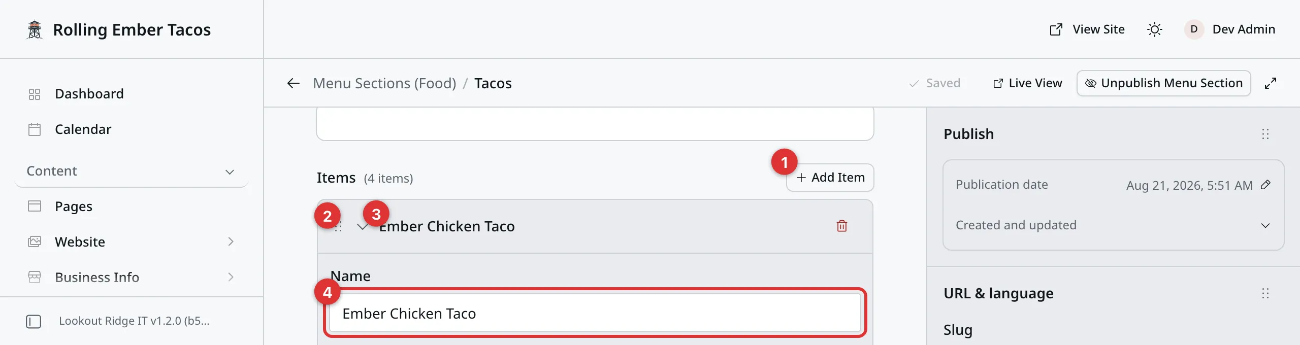 The Items list on a section, with four numbered marks: 1 on the Add Item button, 2 on the six dots beside a row, 3 on the row title, 4 on the Name box.