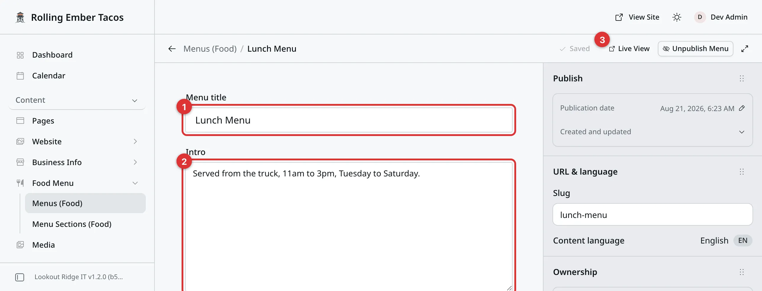 The Lunch Menu open for editing, with three numbered marks: 1 on the Menu title box, 2 on the Intro box, 3 on the Live View button in the bar at the top.