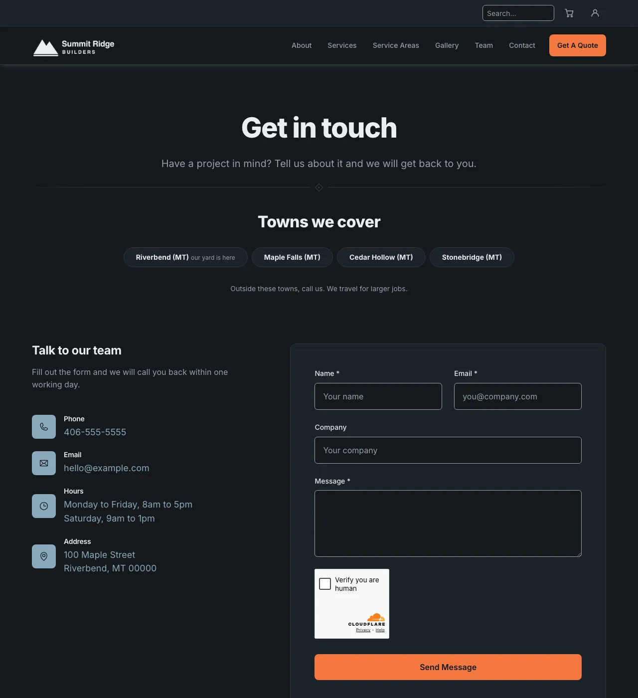 The sample Contact page in the Mountain Sunset palette, dark mode: the header, the Get in touch heading, the town buttons, and the form.