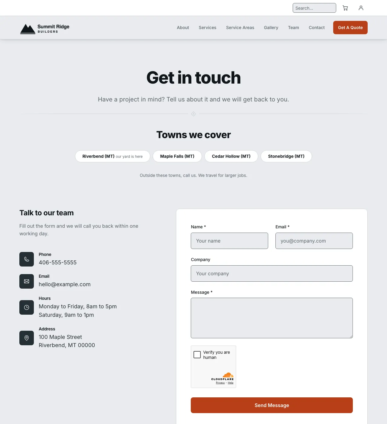 The sample Contact page in the Mountain Sunset palette, light mode: the header, the Get in touch heading, the town buttons, and the form.