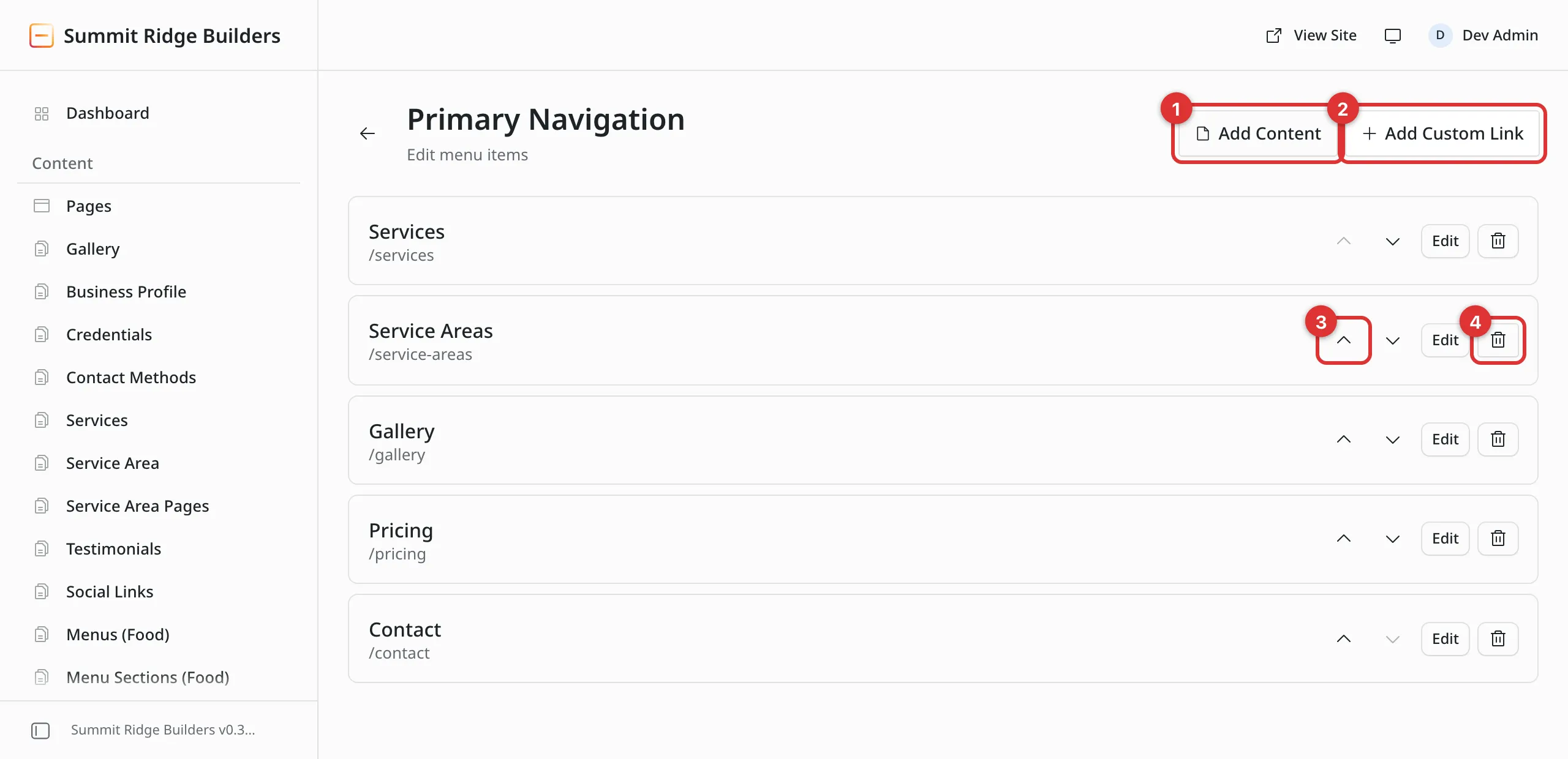 The Primary Navigation editor with four numbered marks: 1 on Add Content, 2 on Add Custom Link, 3 on the up arrow in a row, 4 on the trash icon in a row.