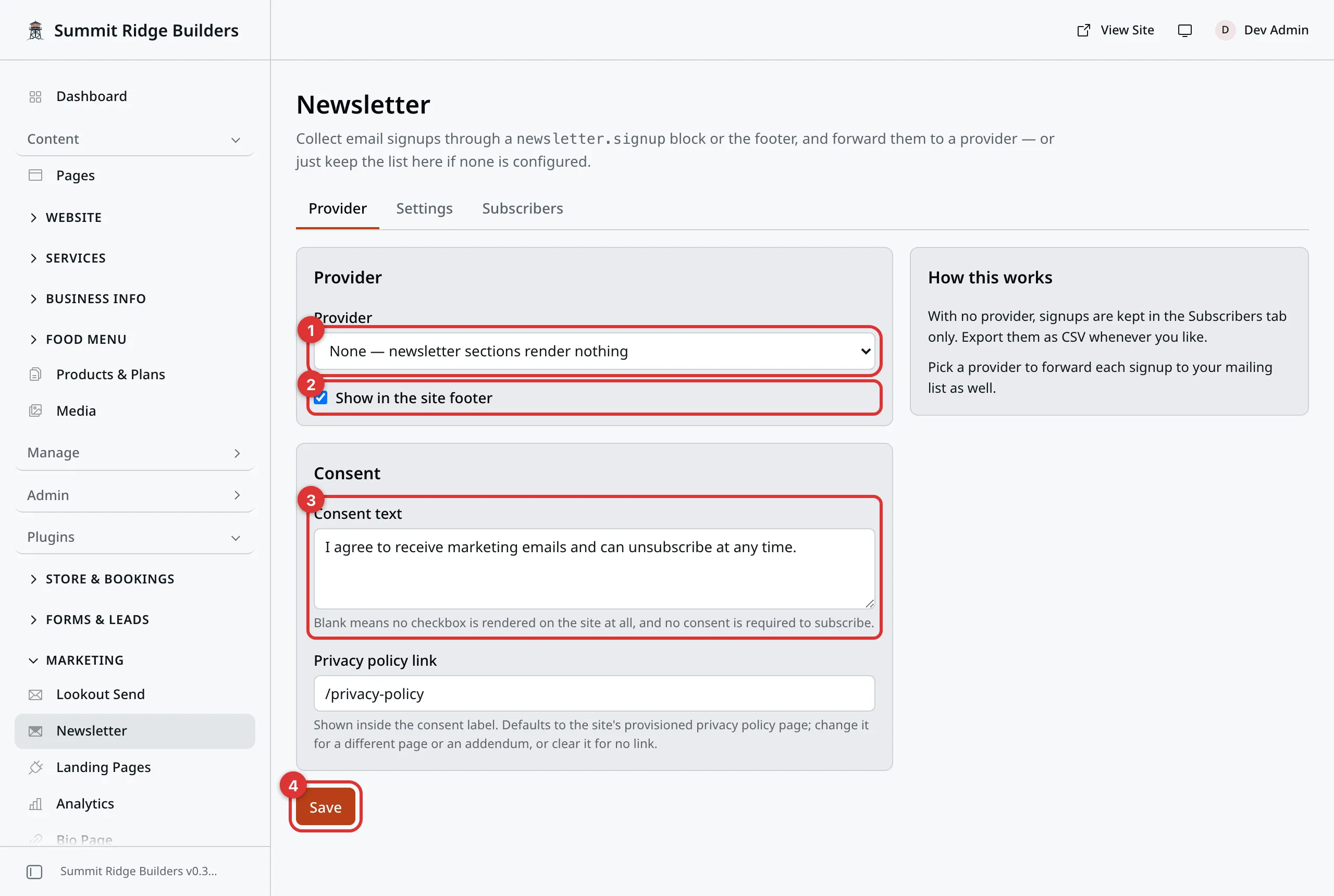 The Provider tab of the Newsletter screen. Four numbered marks: 1 on the Provider box, 2 on the Show in the site footer checkbox, 3 on the Consent text box, 4 on the Save button.