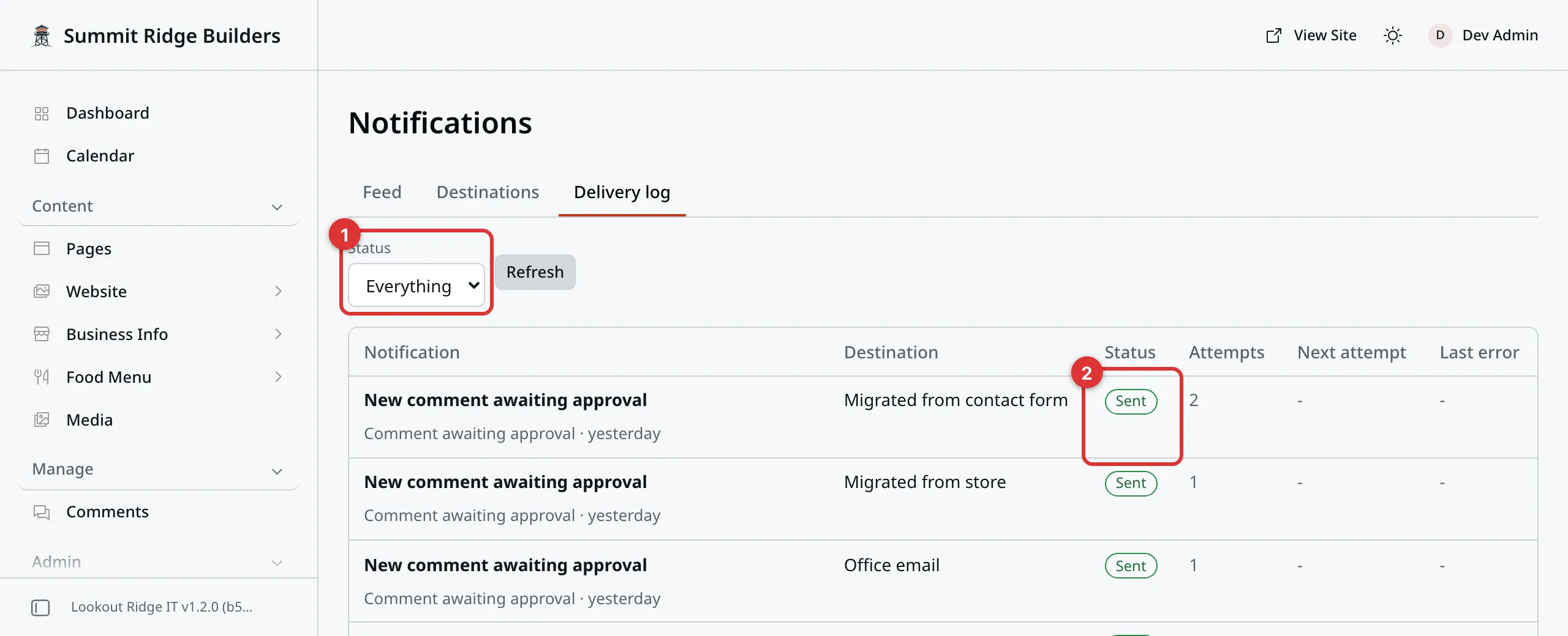 The Delivery log tab. One comment alert fills three rows, one for each destination. Two numbered marks: 1 on the Status box above the list, 2 on a green Sent label in the Status column.