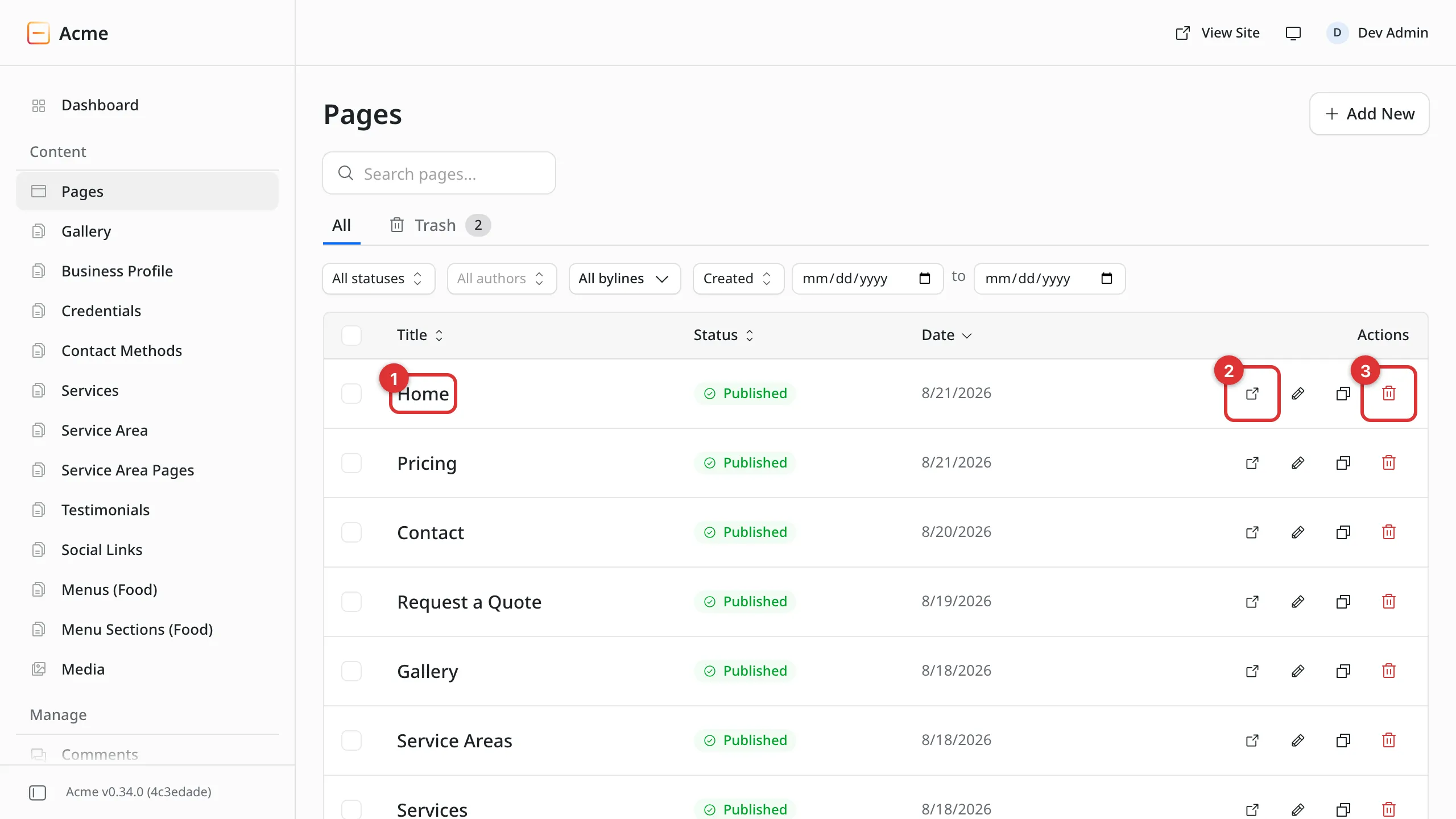 The Pages list. Three numbered marks: 1 on the page title Home, 2 on the view icon in its row, 3 on the red trash icon.