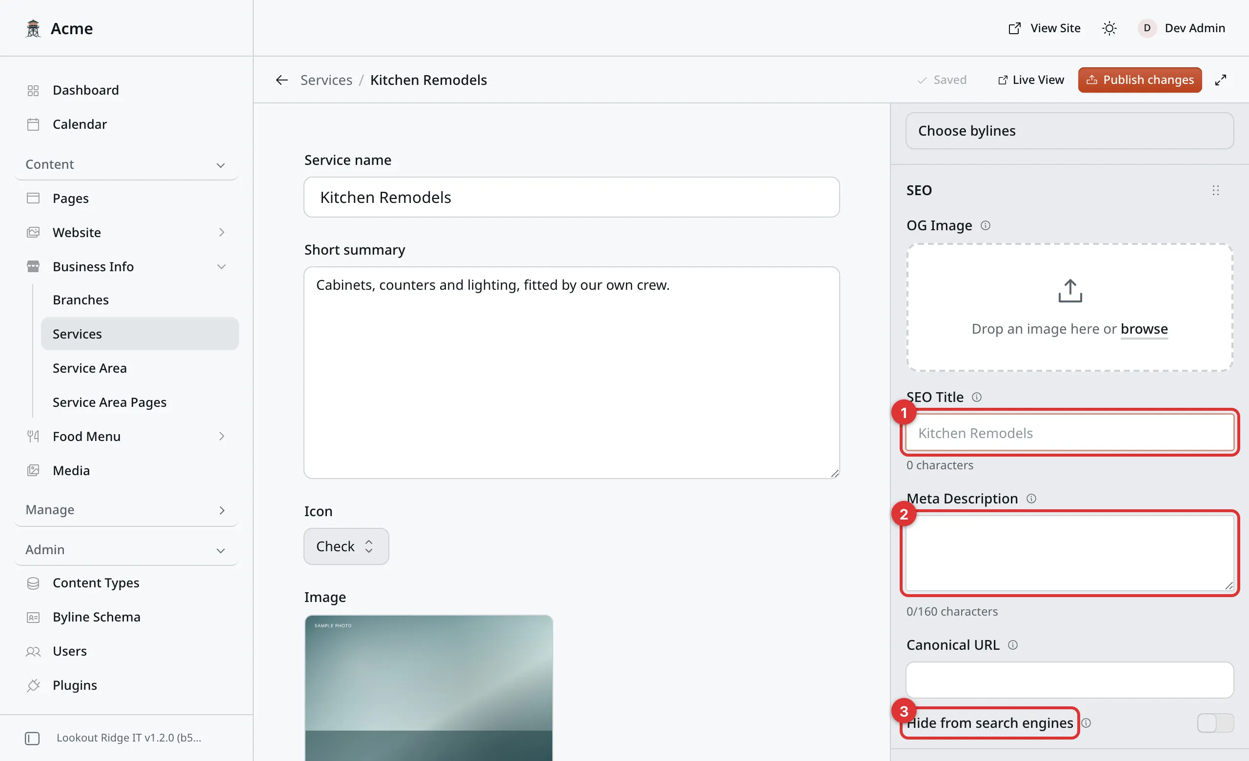 The SEO fields in the right hand panel, under Choose bylines. Publish changes sits in the bar across the top. Three numbered marks: 1 on SEO Title, 2 on Meta Description, 3 on Hide from search engines.