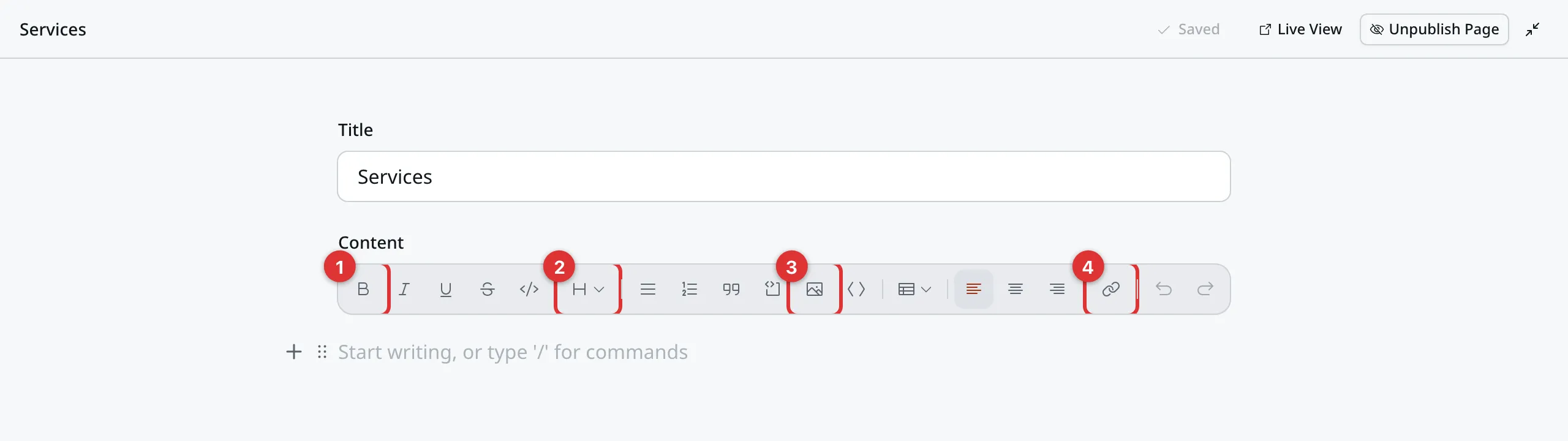 The Services page in distraction-free mode, with the row of formatting buttons above an empty Content box. Four numbered marks: 1 on the bold button, 2 on the headings button, 3 on the image button, 4 on the link button.