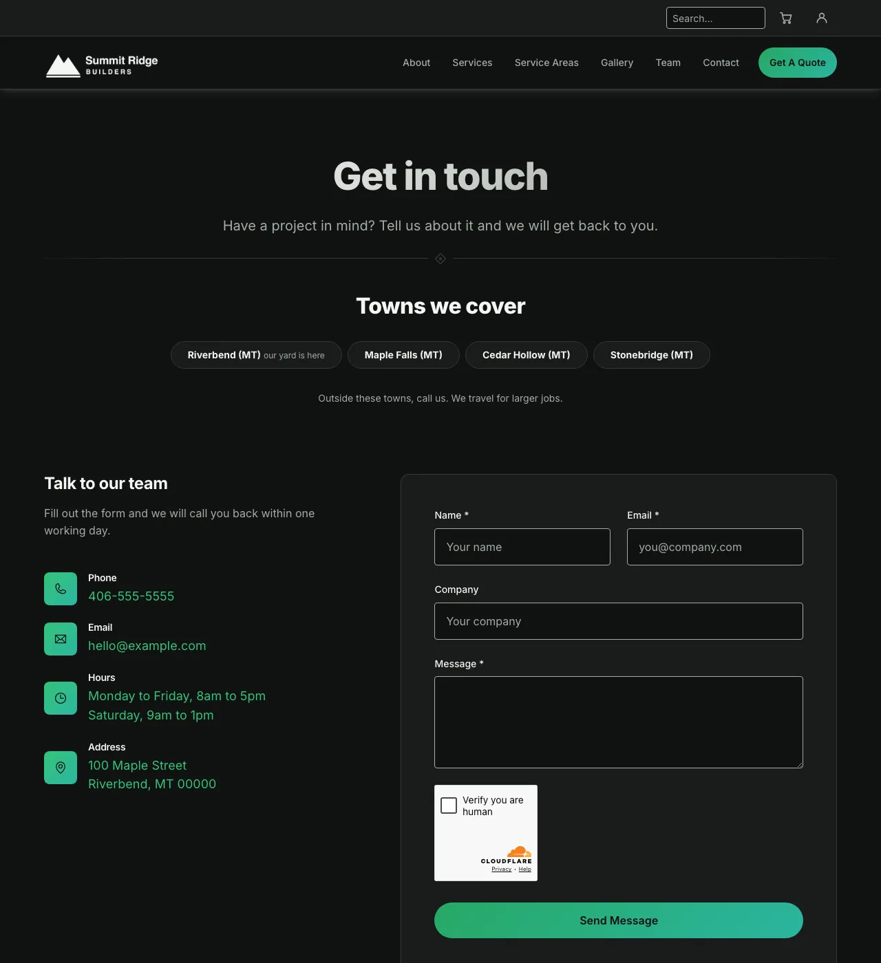 The sample Contact page in the Pine Hollow palette, dark mode: the header, the Get in touch heading, the town buttons, and the form.