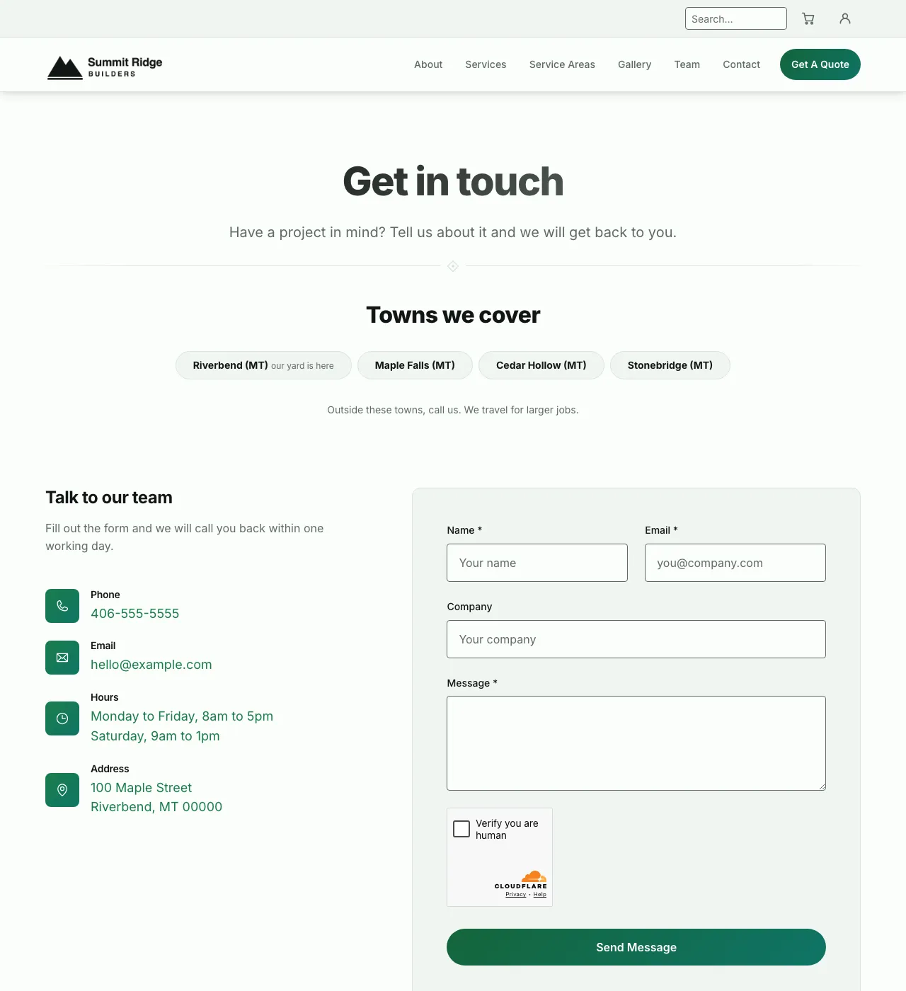The sample Contact page in the Pine Hollow palette, light mode: the header, the Get in touch heading, the town buttons, and the form.