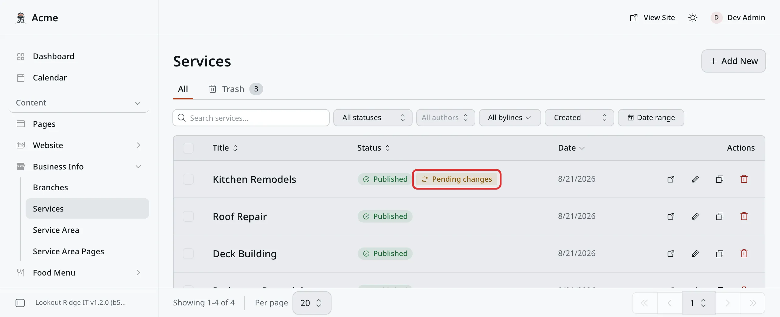 The Services list with the yellow Pending changes tag outlined in red beside a published entry.