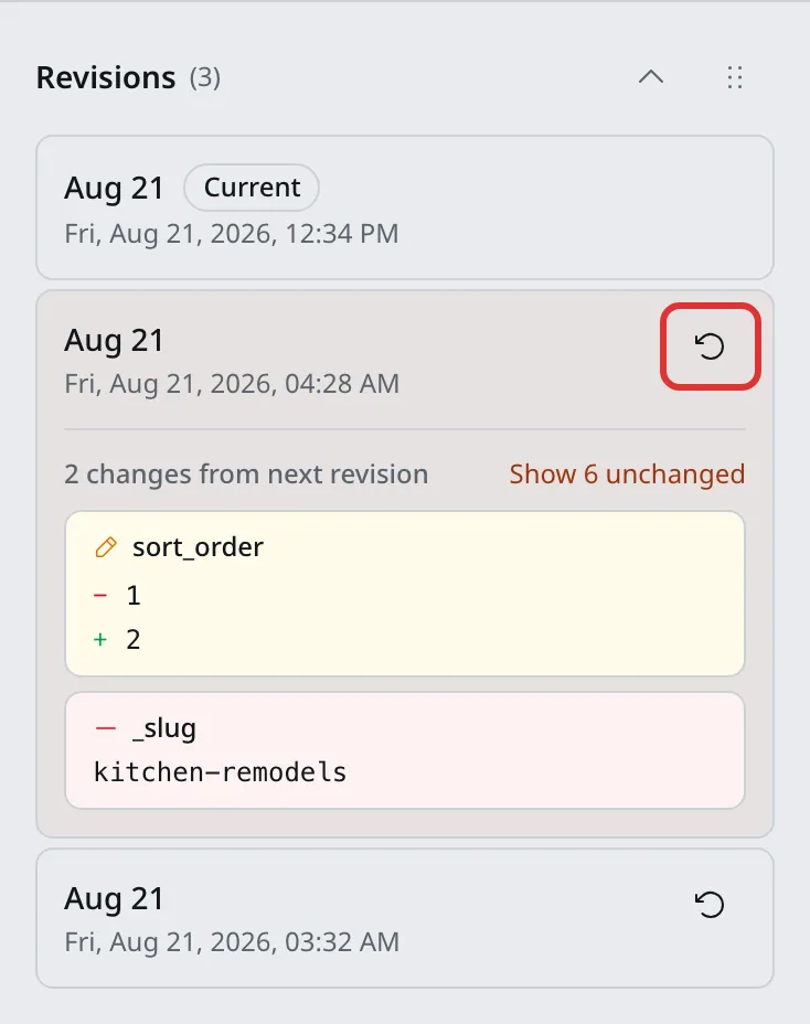 The Revisions panel, open, showing three dated versions. The newest is tagged Current. The one below it is open to show what changed, and its circular arrow is outlined in red.