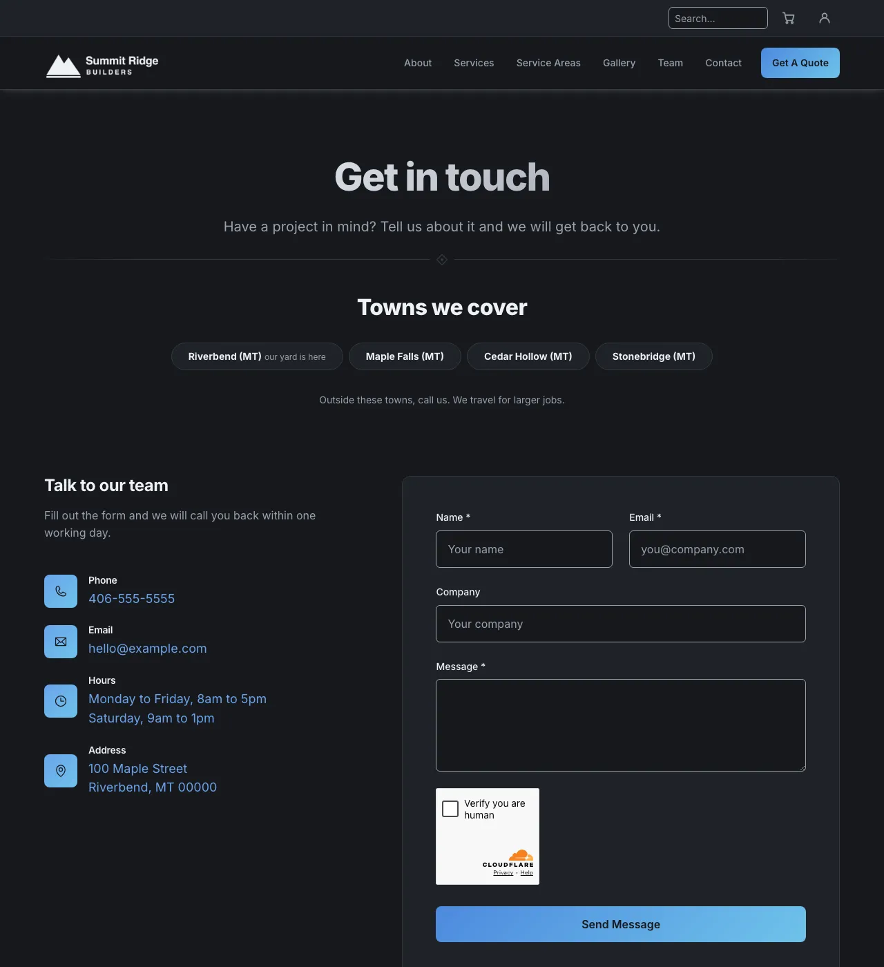 The sample Contact page in the River Bend palette, dark mode: the header, the Get in touch heading, the town buttons, and the form.