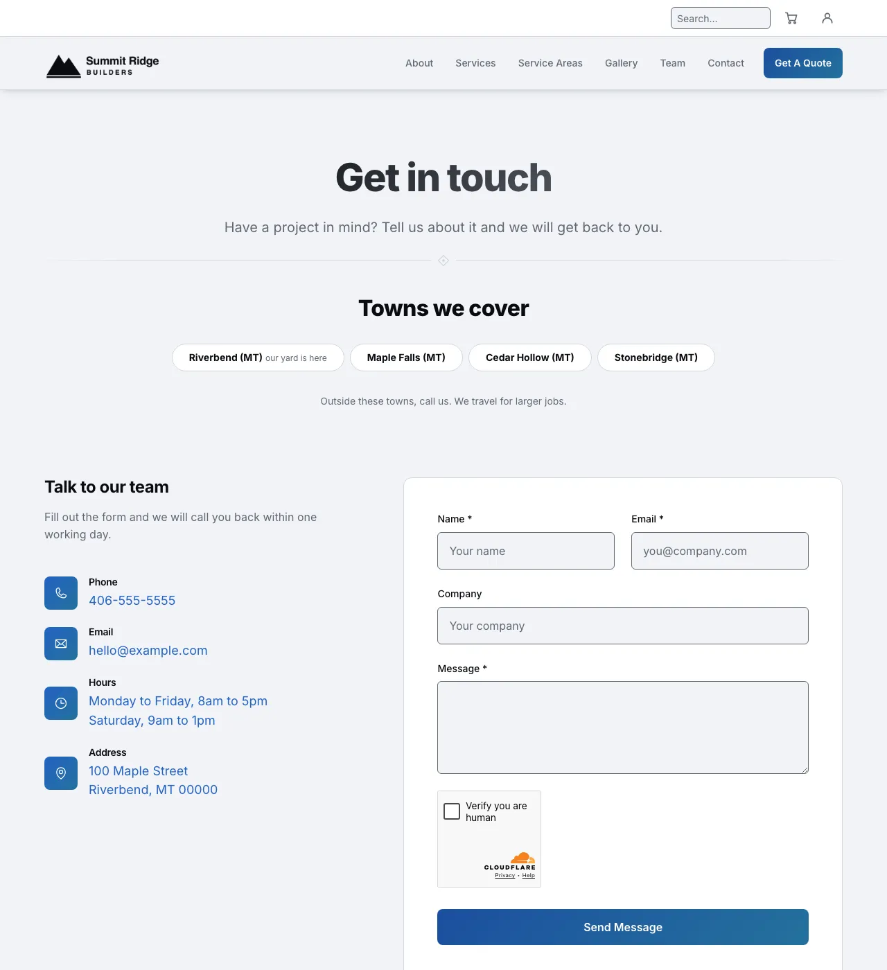 The sample Contact page in the River Bend palette, light mode: the header, the Get in touch heading, the town buttons, and the form.